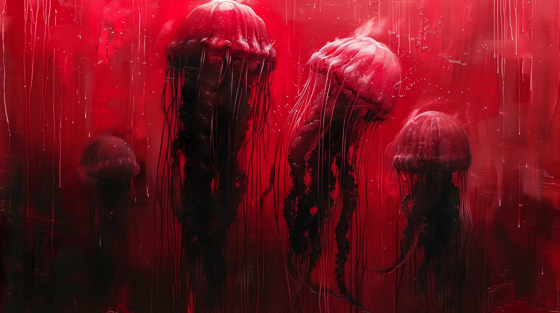 HD desktop wallpaper featuring a mesmerizing scene of red jellyfish floating with a deep red backdrop.