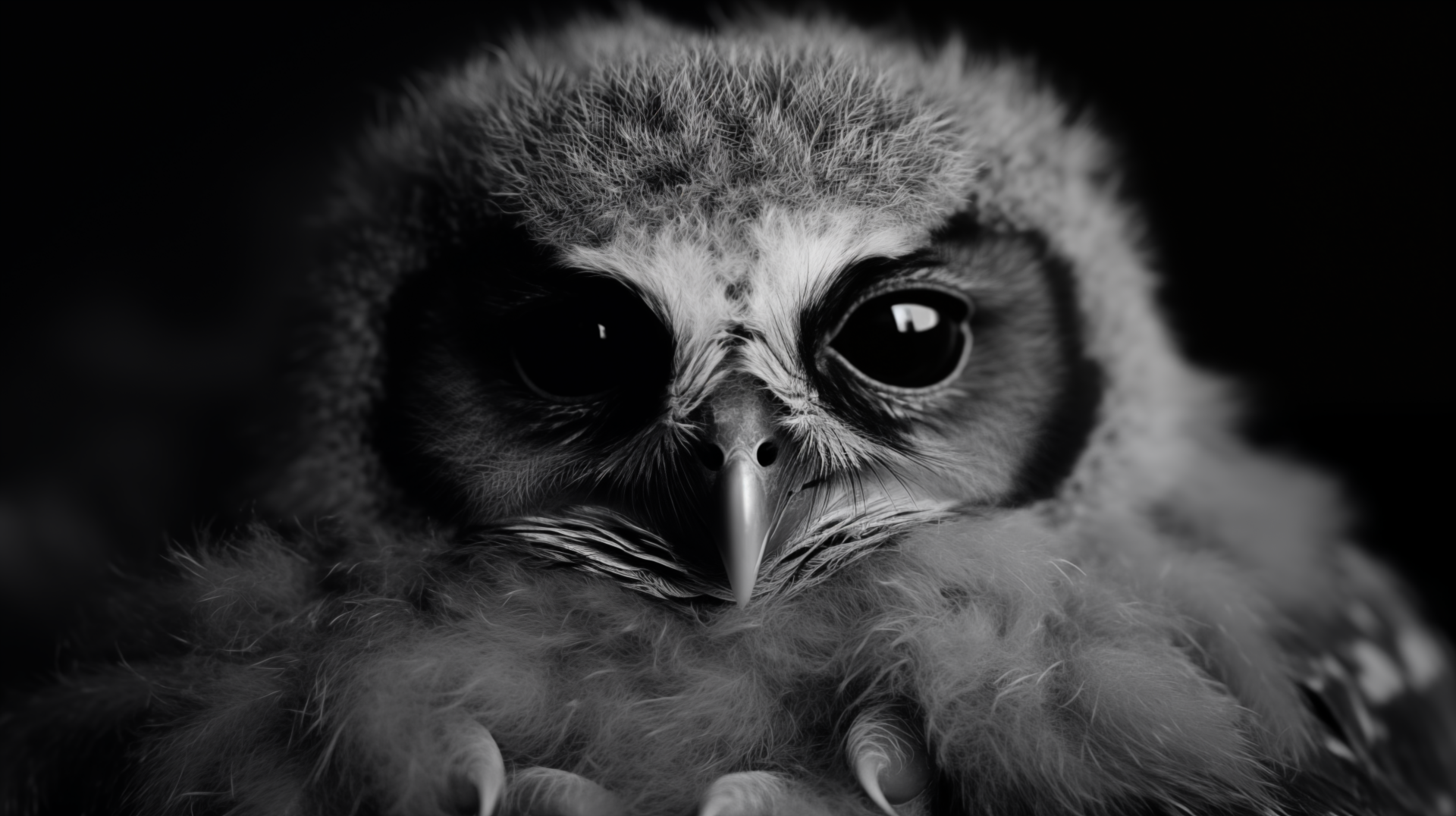 A close-up of a fluffy baby owl, with large expressive eyes, set against a dark background. This captivating image serves as an HD wallpaper featuring a charming owlet.