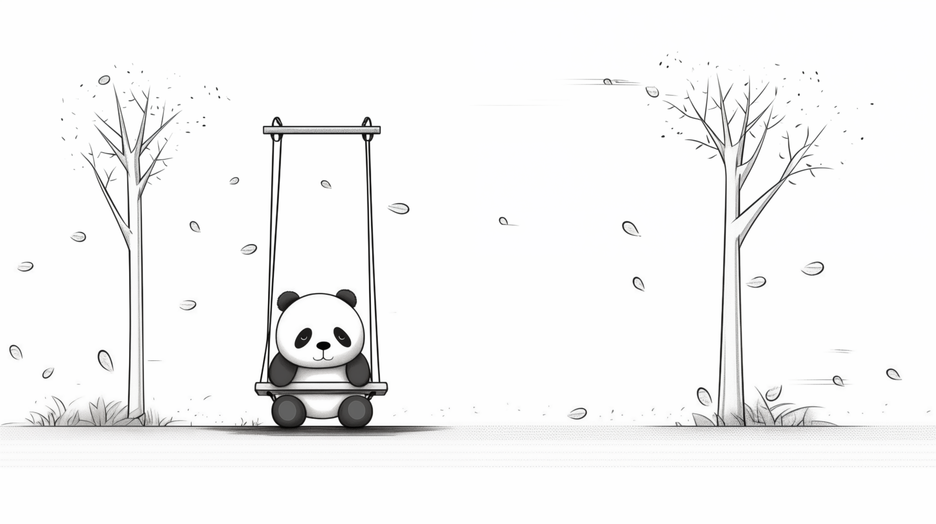 A playful panda bear swings amidst bare trees and falling leaves, creating a charming and whimsical HD desktop wallpaper.