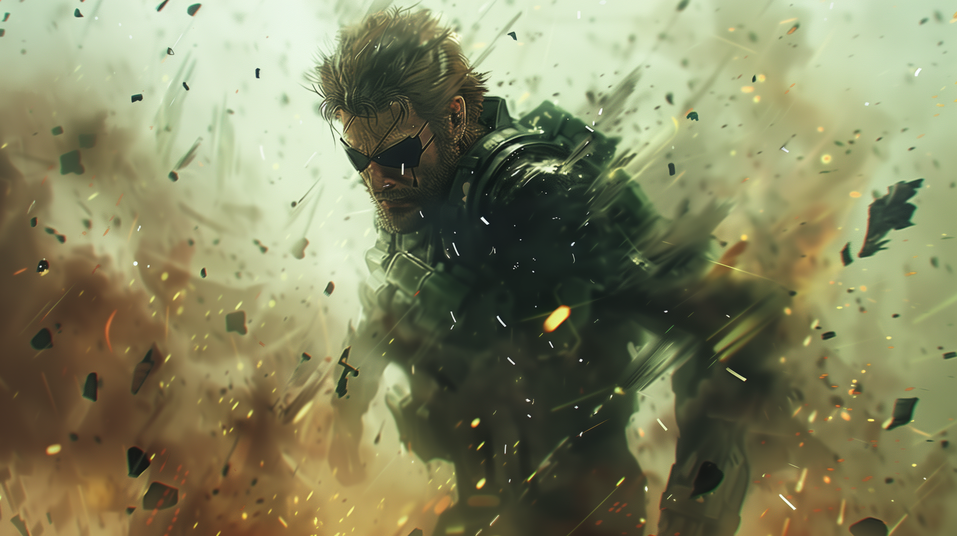 HD desktop wallpaper featuring dynamic Metal Gear fan art with an intense action theme, showcasing a determined character amidst a dramatic, explosive backdrop.