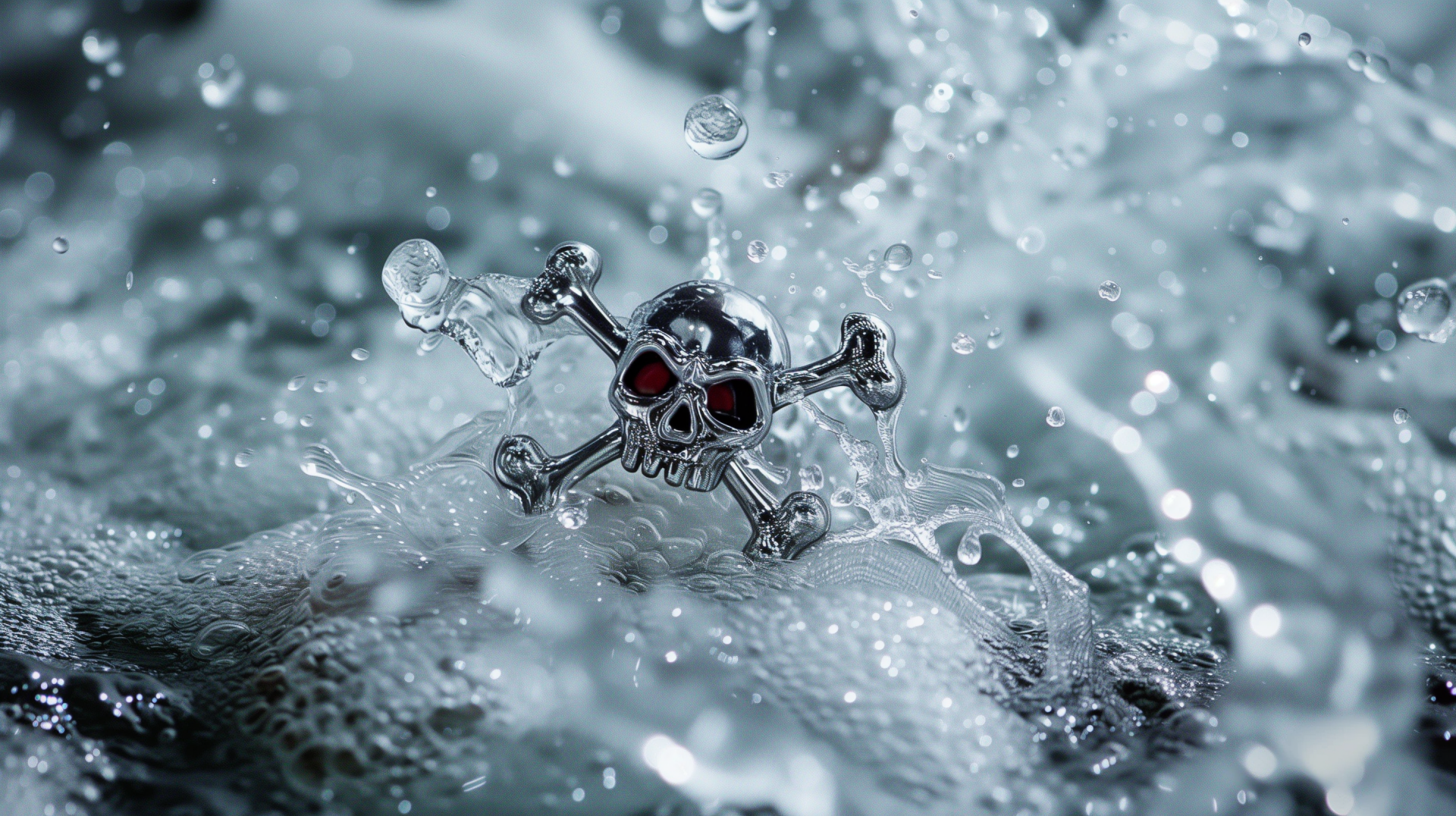 HD desktop wallpaper featuring a sleek skull and crossbones emblem amidst splashing water, creating a dynamic and edgy background theme.
