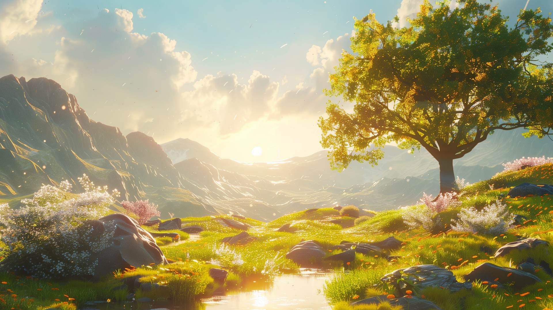 Sunny landscape HD wallpaper featuring a solitary tree, green meadows, and flowers, with mountains in the background under a warm, glowing sun.