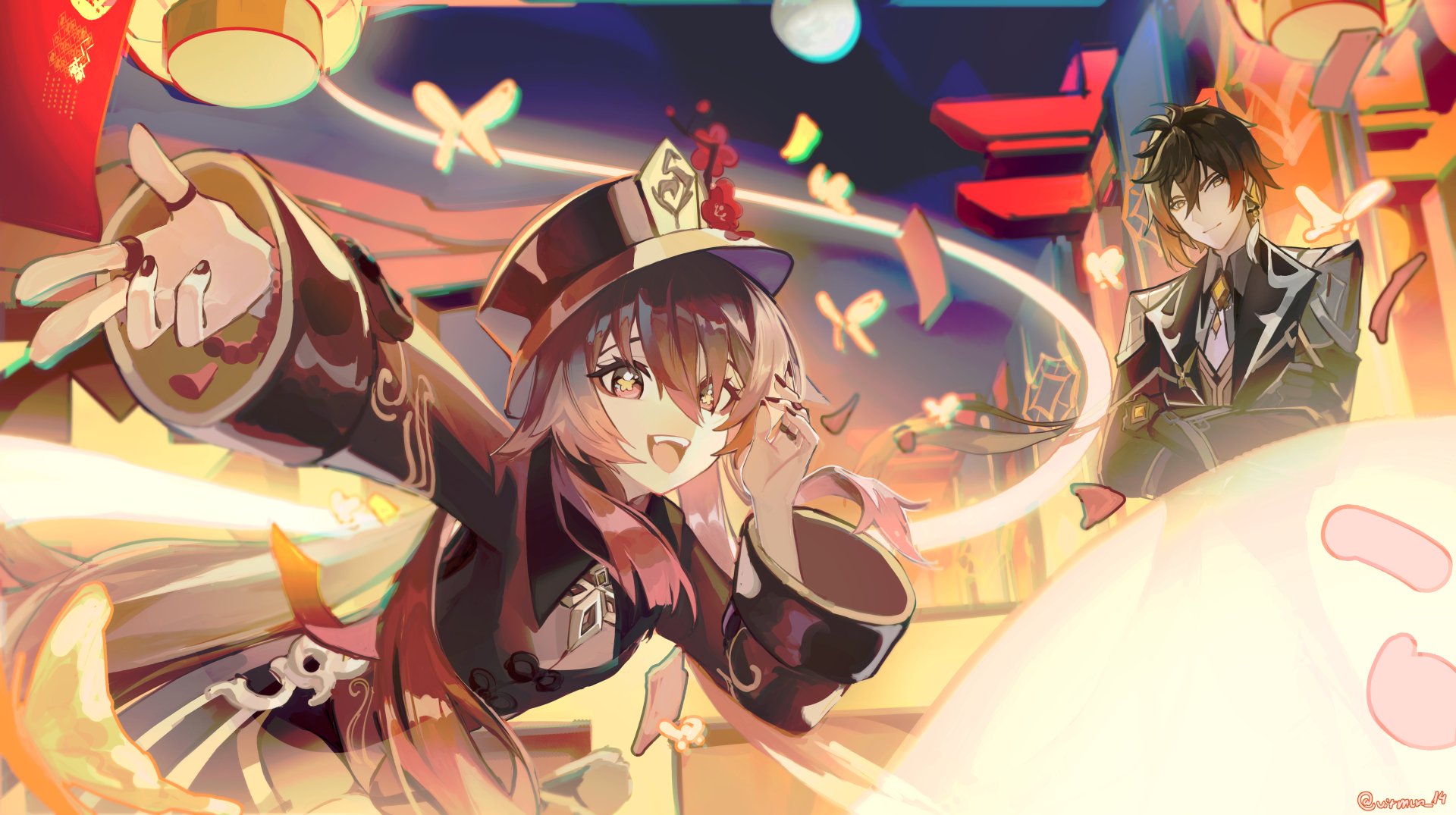 4K Ultra HD Genshin Impact wallpaper featuring Hu Tao and Zhongli in a vibrant, dynamic scene with glowing butterflies and traditional lanterns.