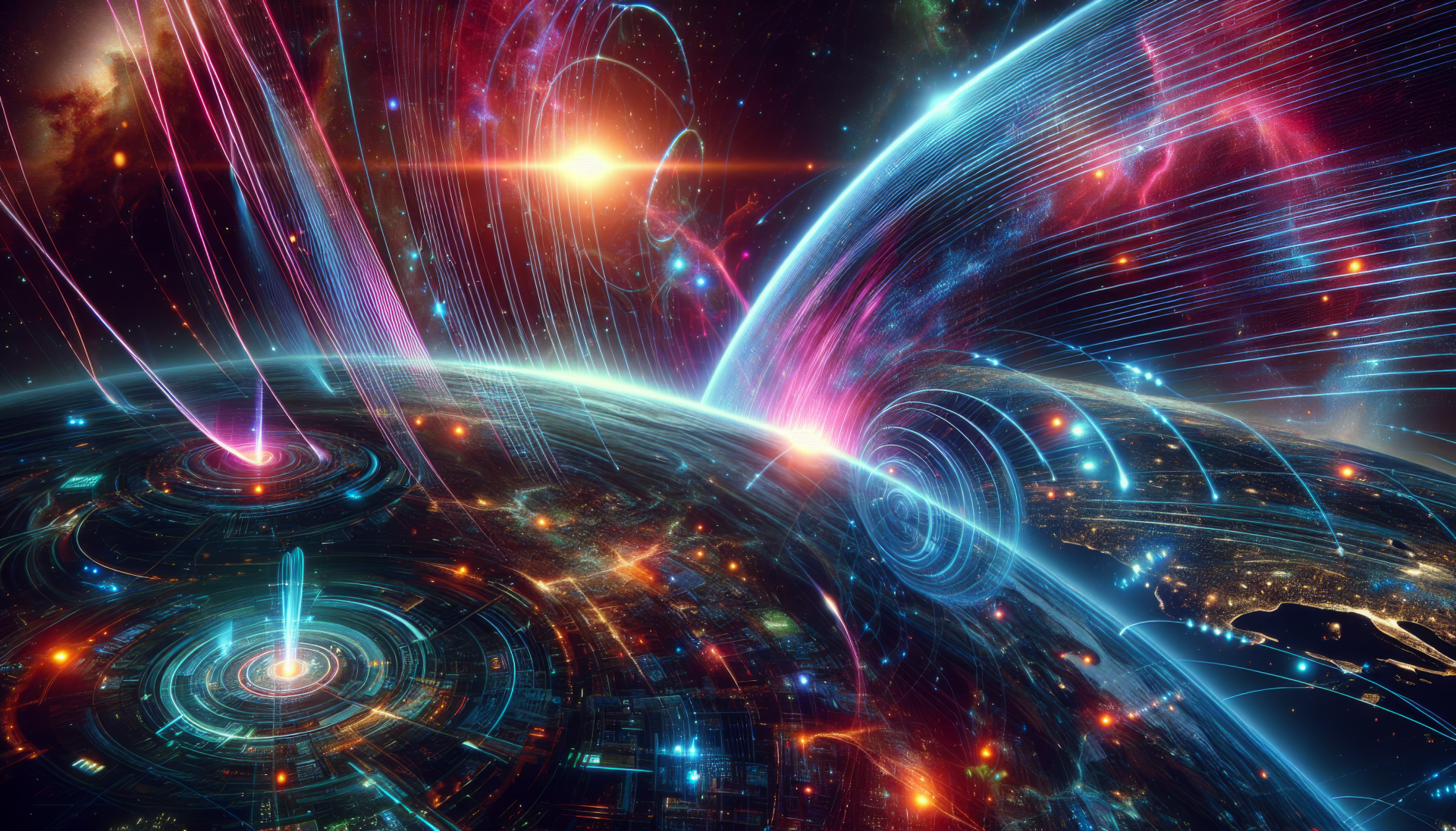 HD desktop wallpaper featuring a vibrant, futuristic depiction of planetary defense with colorful energy shields and space-time warping effects.