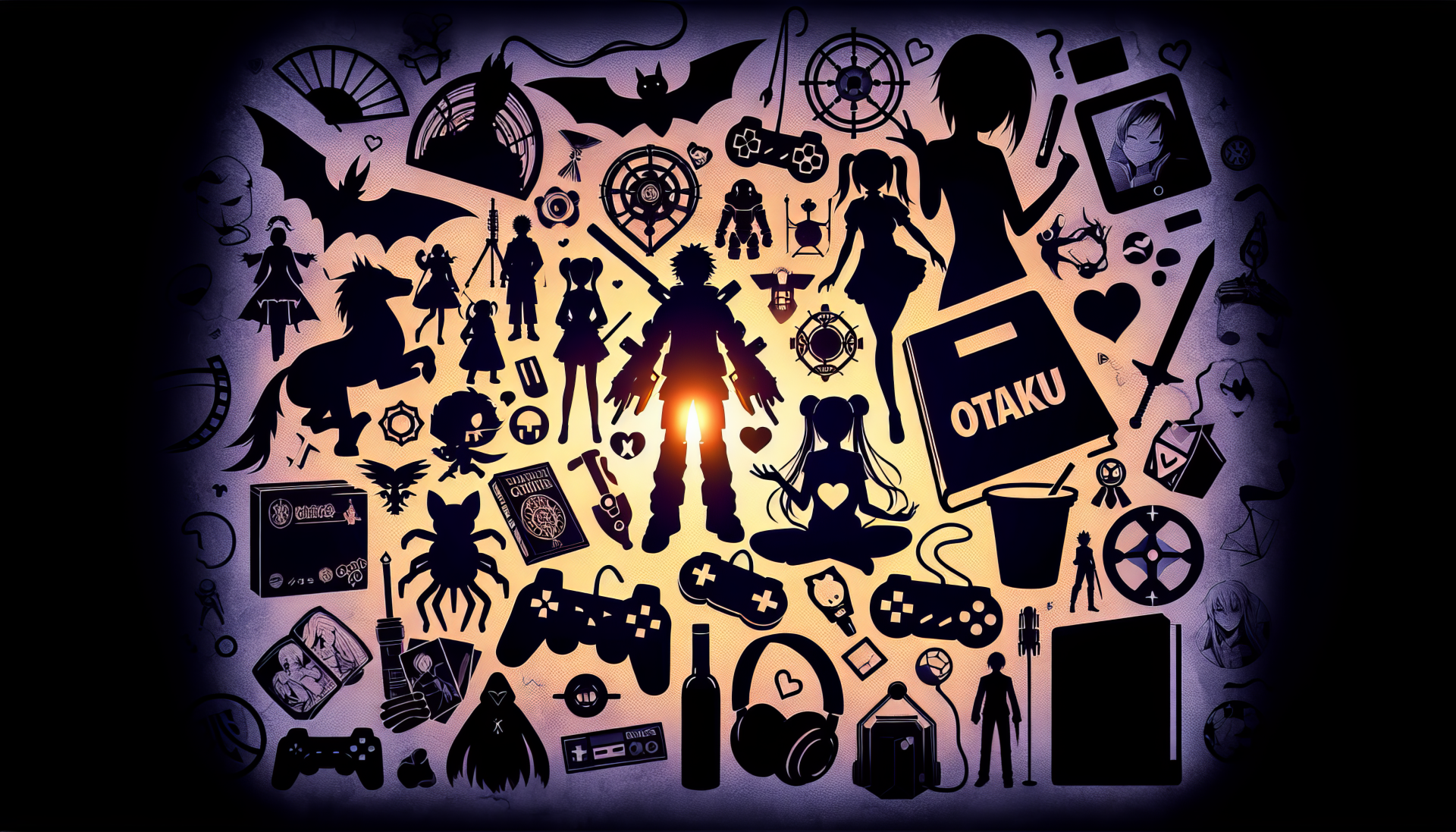 A vibrant HD desktop wallpaper featuring a collage of otaku culture elements, including gaming icons, anime silhouettes, and various thematic symbols, celebrating the otaku lifestyle.
