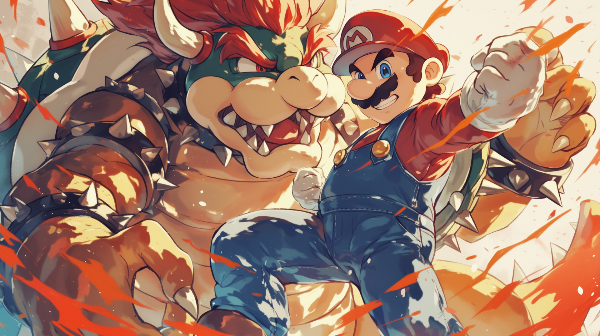 HD desktop wallpaper featuring Mario and Bowser in an intense standoff, with dynamic, vivid colors and action lines.