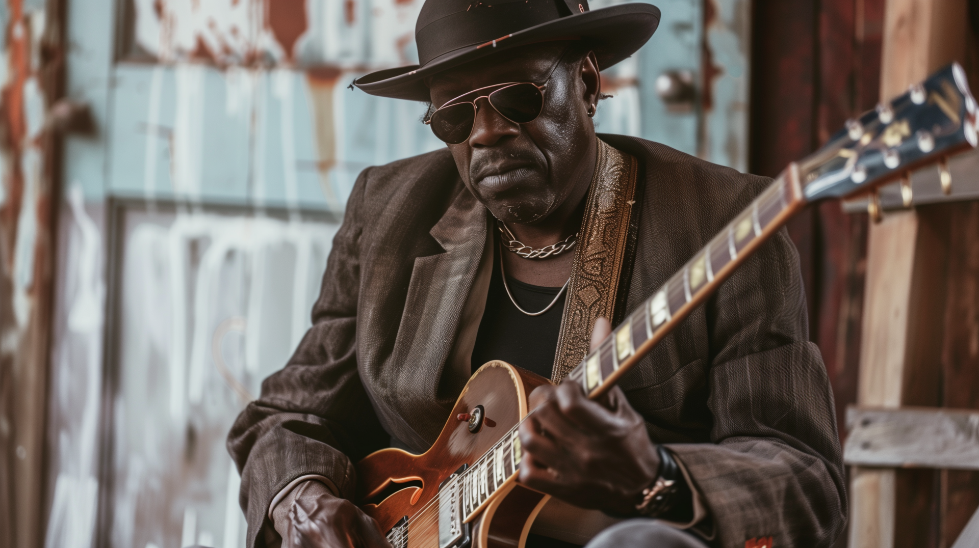 A musician dressed in a stylish suit and hat passionately plays the guitar, capturing the essence of blues music in this HD desktop wallpaper.