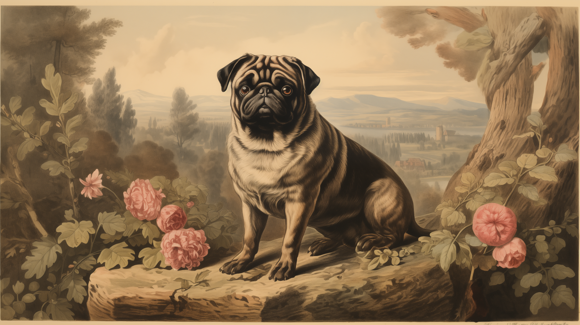 HD desktop wallpaper featuring a pug dog sitting elegantly among flowers with a scenic landscape backdrop.