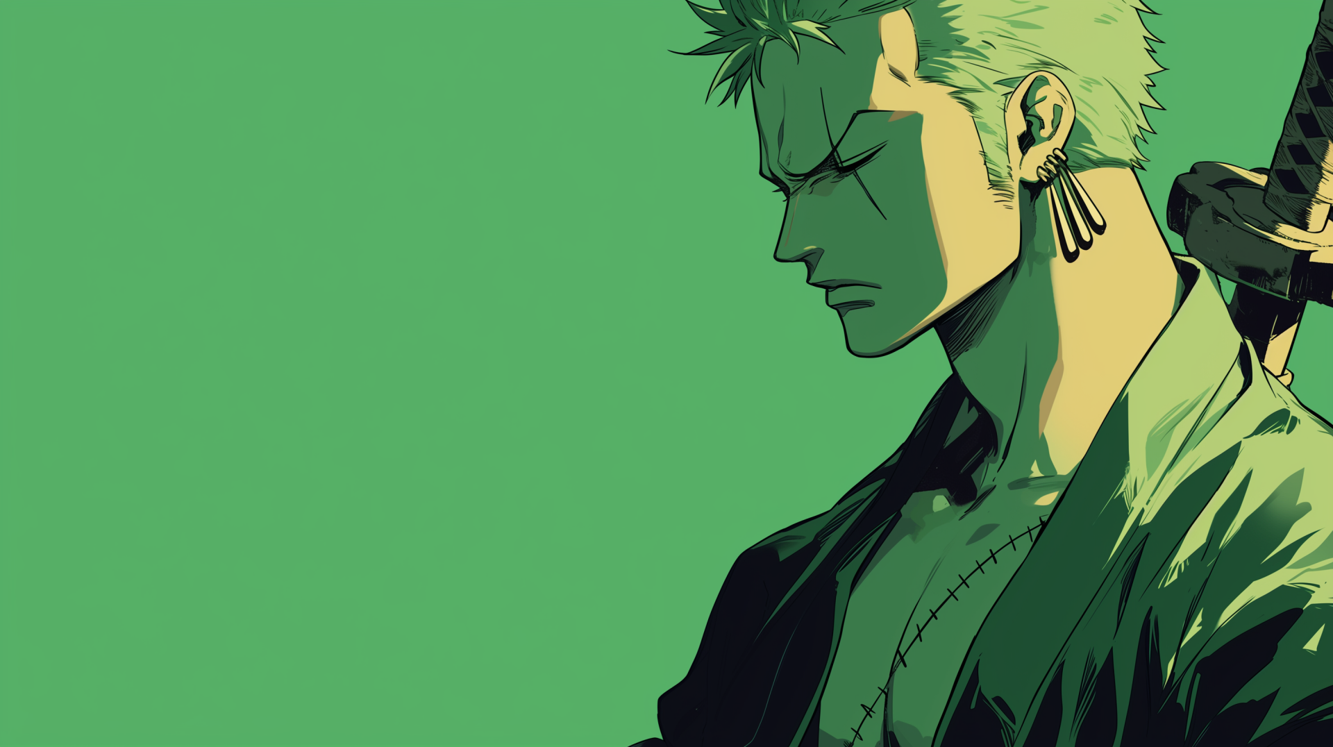 HD desktop wallpaper featuring anime character Roronoa Zoro from One Piece on a green background.