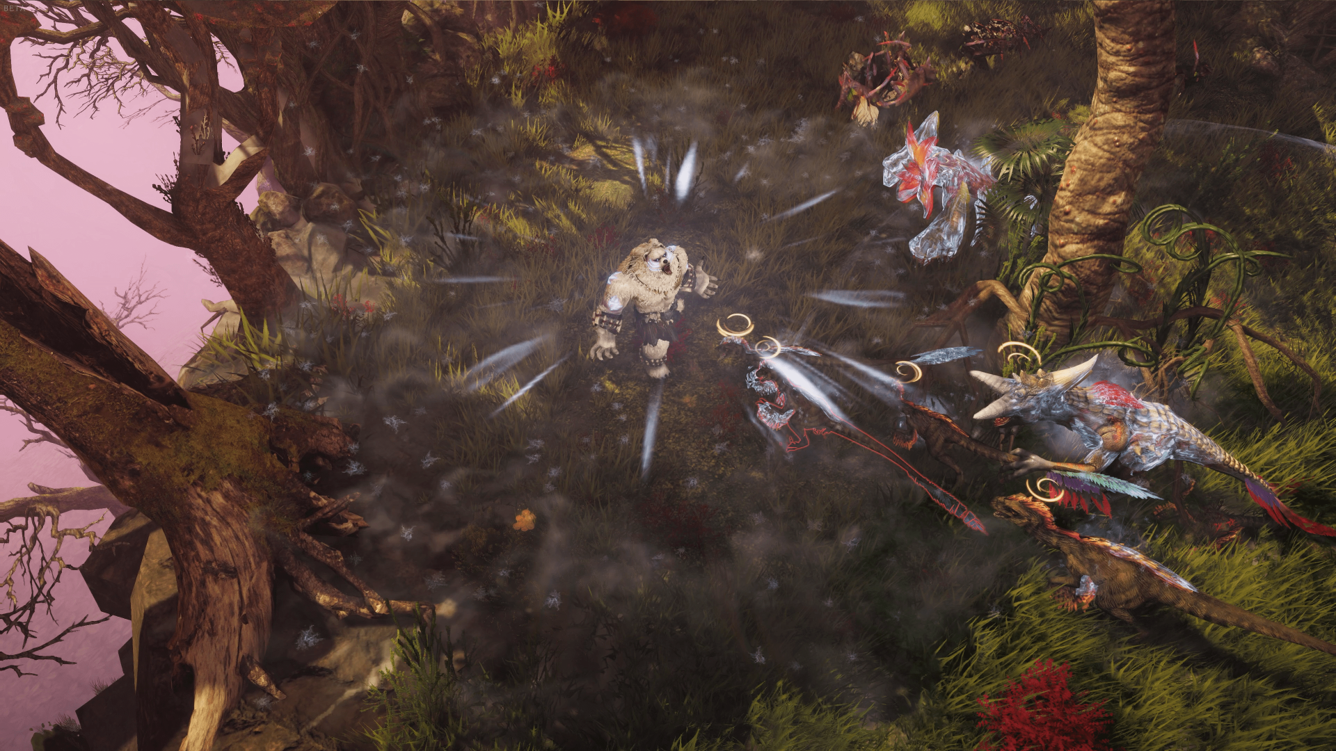 An HD desktop wallpaper from the video game Last Epoch, showcasing a dramatic scene with characters engaging in combat amidst a lush, mystical environment.