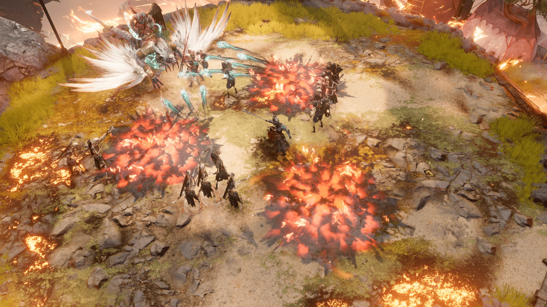 HD desktop wallpaper of a battle scene from the video game Last Epoch, featuring characters engaged in magical combat on a fiery battlefield.