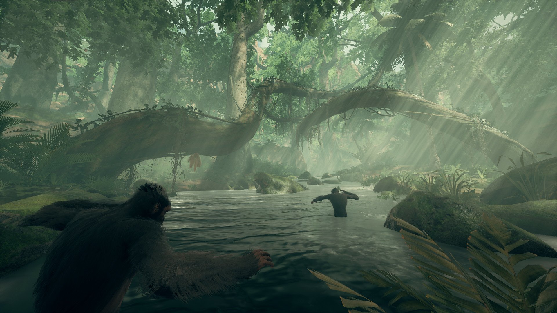 HD desktop wallpaper showcasing a scene from Ancestors: The Humankind Odyssey video game with a primate exploring a lush jungle environment with a river.