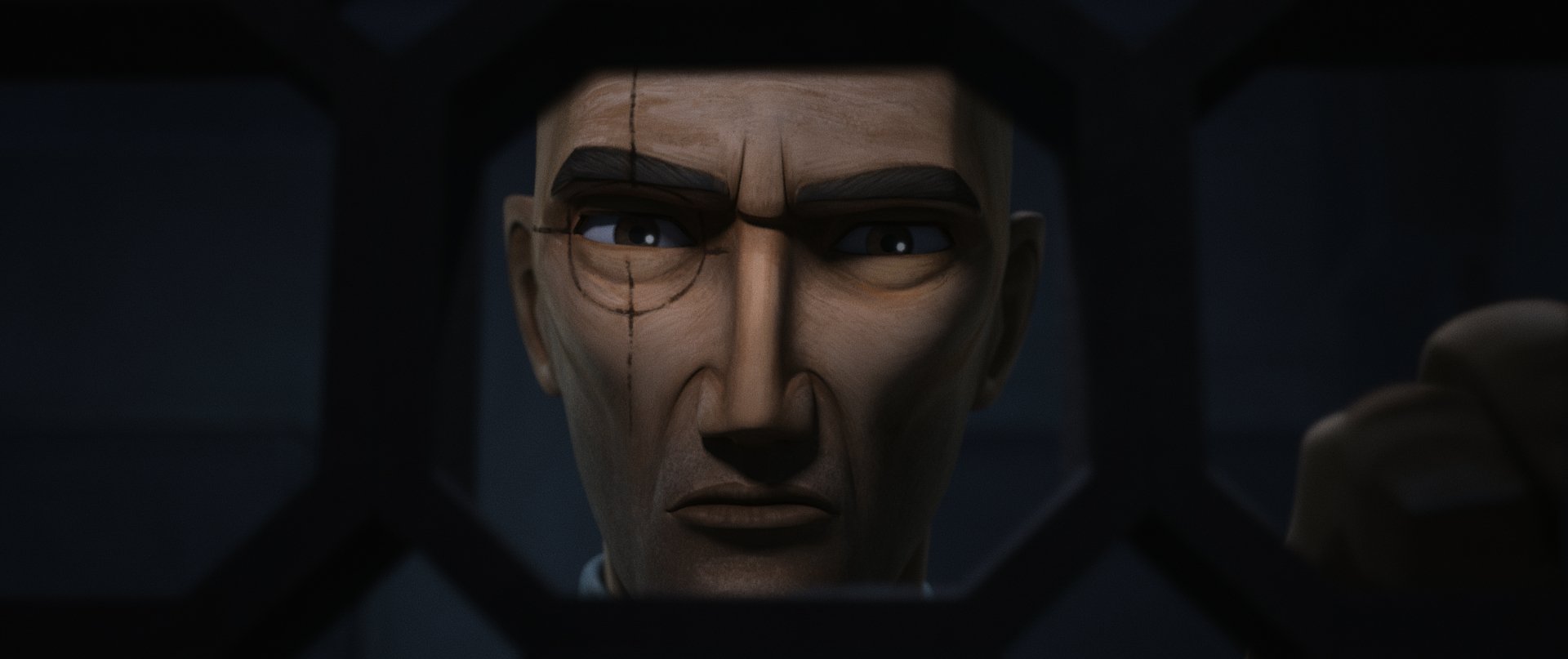 Close-up of a character from the TV show Star Wars: The Bad Batch, showcasing intense facial features and a determined expression, set against a dark background. HD wallpaper.