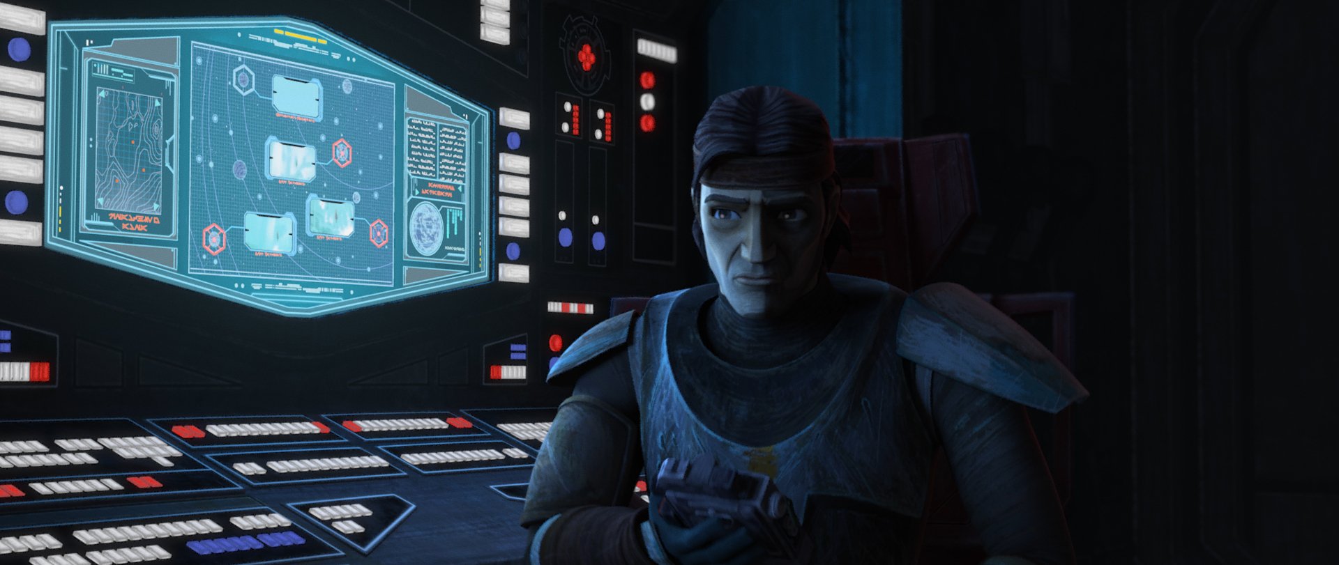 A detailed HD wallpaper featuring Hunter from *Star Wars: The Bad Batch*, set against a backdrop of high-tech control panels and screens.