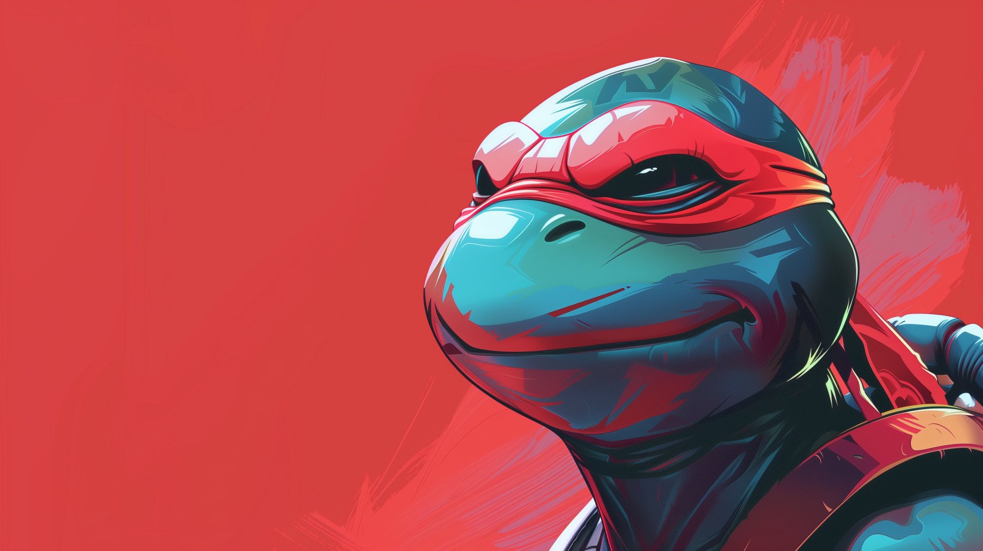 HD desktop wallpaper featuring Raphael from Teenage Mutant Ninja Turtles with a stylized red comic background.