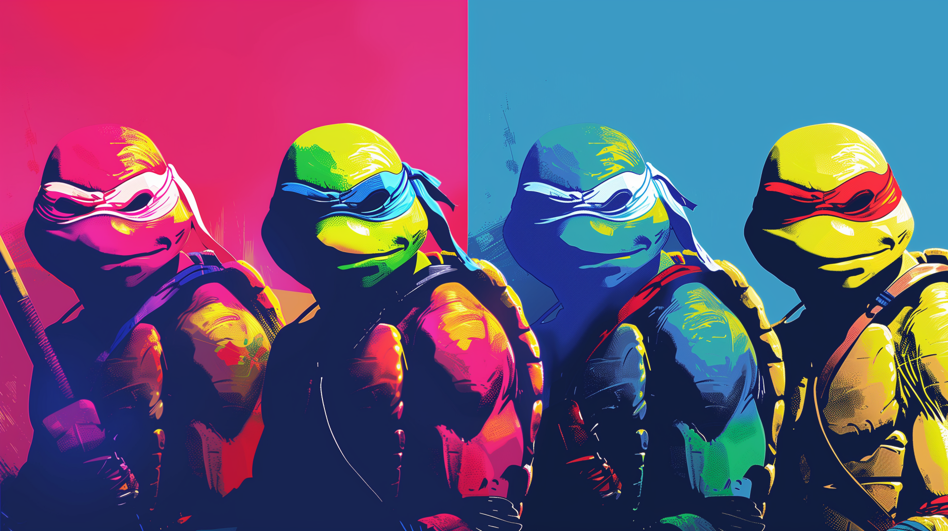 HD wallpaper featuring colorful artistic rendition of Teenage Mutant Ninja Turtles characters for desktop background.