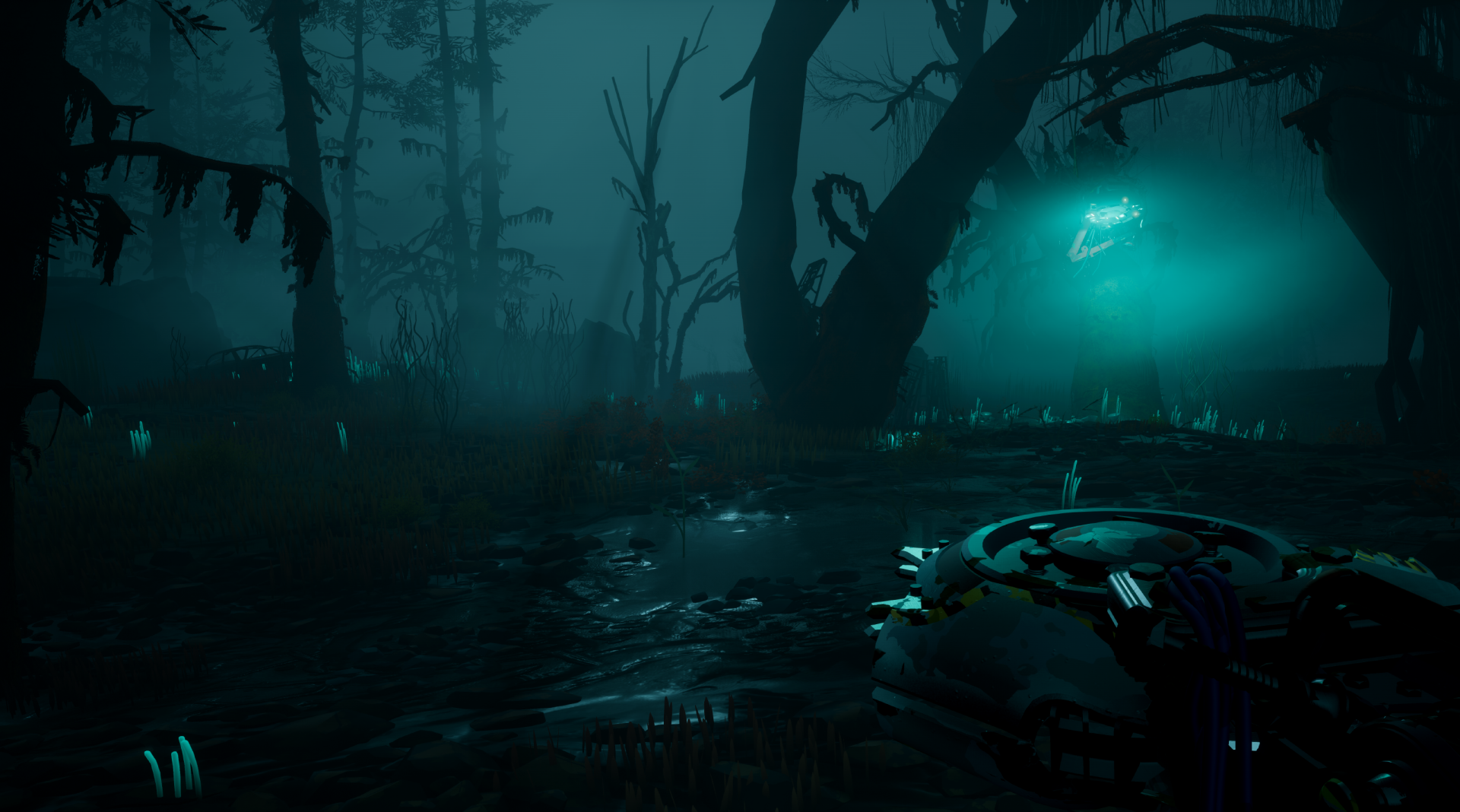 HD wallpaper of a mystical forest scene from the video game Pacific Drive, featuring eerie blue lighting and futuristic elements for desktop background.