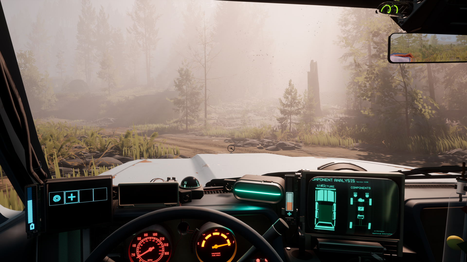 HD desktop wallpaper featuring the interior view from a vehicle in the video game Pacific Drive with scenic forest background.