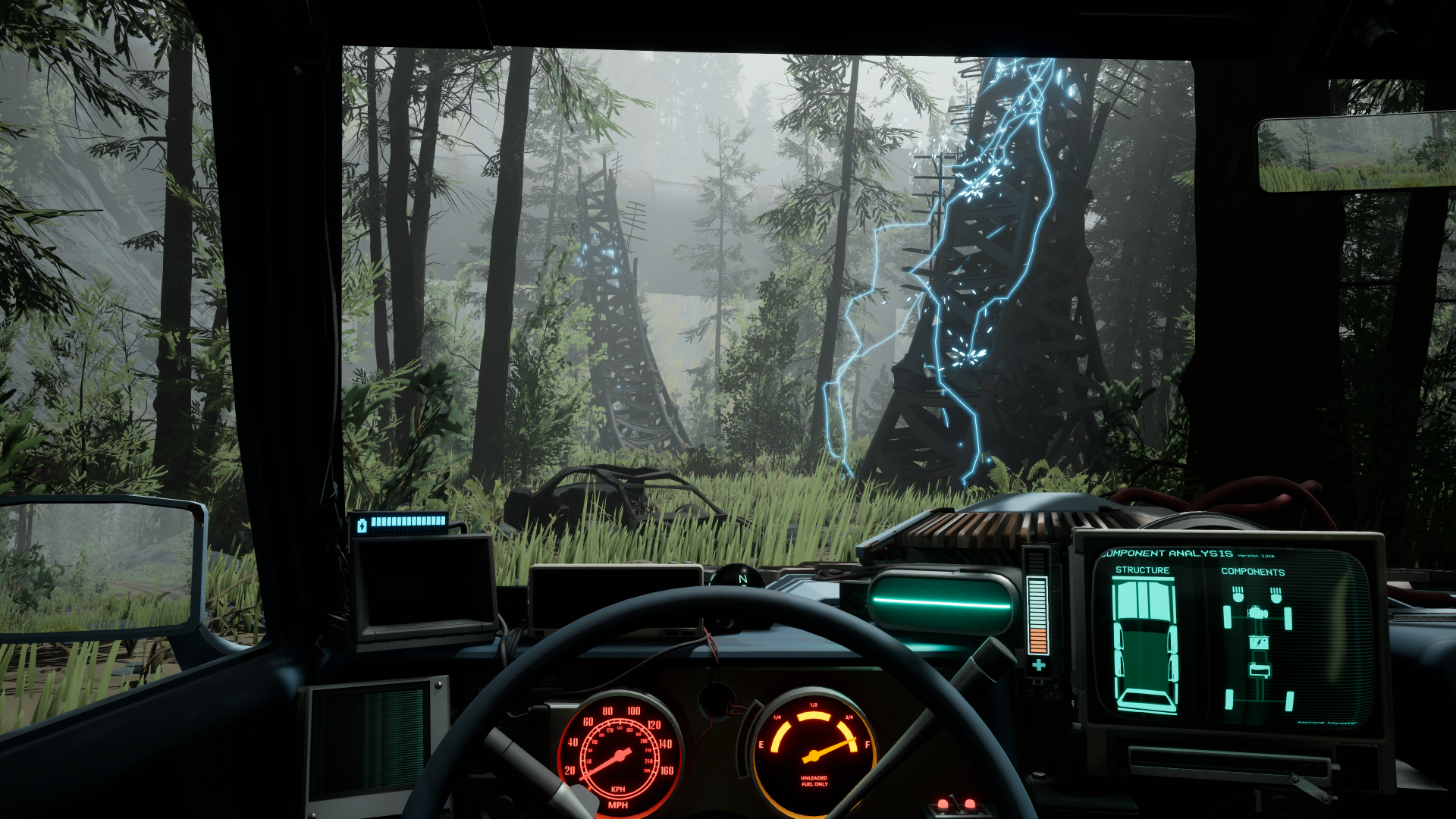 HD wallpaper of Pacific Drive video game featuring a first-person view from inside a vehicle with high-tech dashboard, set in a mysterious forest environment.