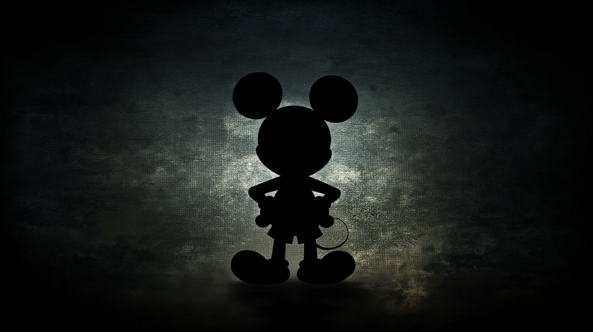 HD desktop wallpaper featuring the silhouette of Mickey Mouse against a textured, dark background.
