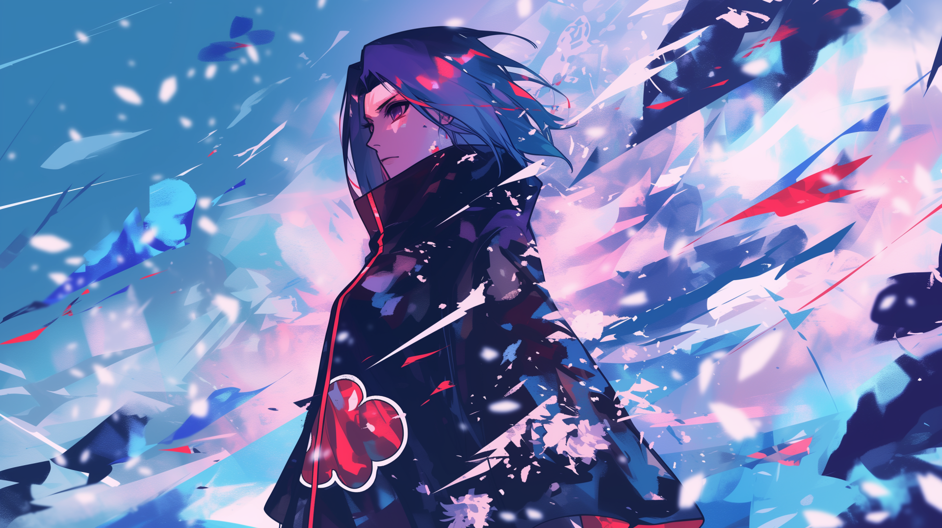 HD desktop wallpaper featuring artistic fan art of Konan from Naruto in a dynamic blue-hued background.