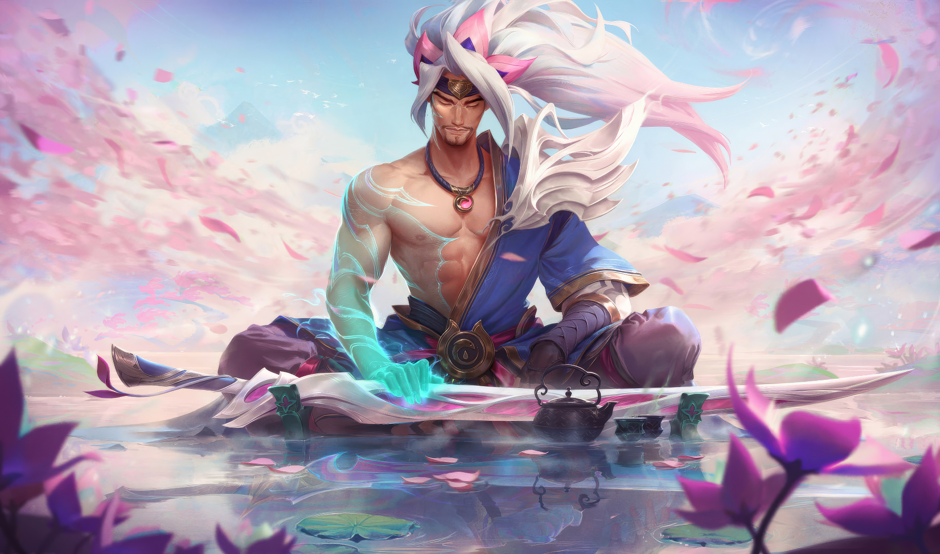 HD wallpaper featuring Yasuo from League of Legends meditating amidst swirling petals and tranquil waters.