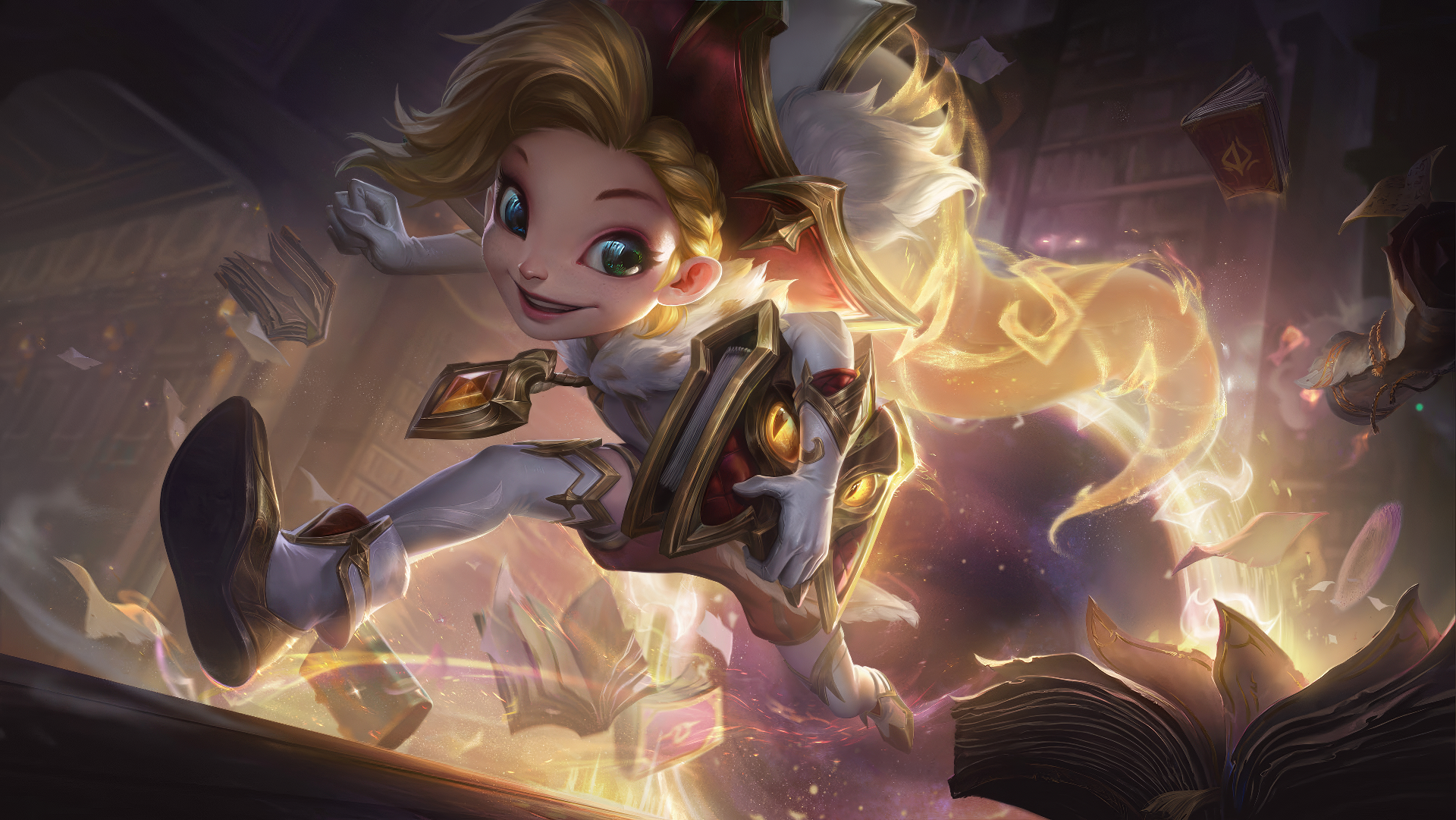 Zoe from League of Legends in dynamic HD wallpaper showcasing magical powers and playful expression for desktop background.