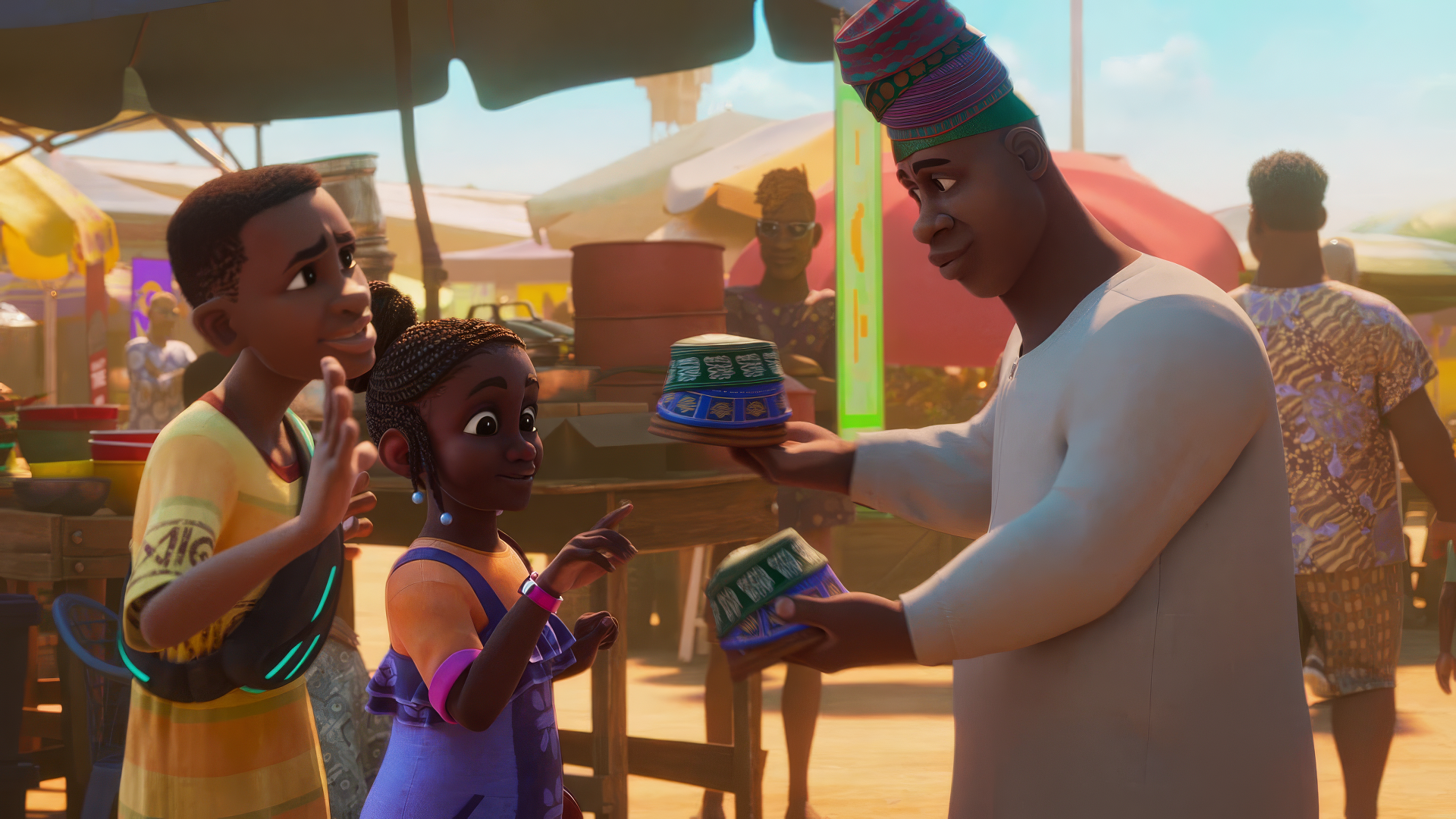 Colorful scene from the TV show Iwájú, featuring characters interacting at a market with vibrant stalls in the background, showcasing a lively atmosphere. HD wallpaper for an engaging backdrop.