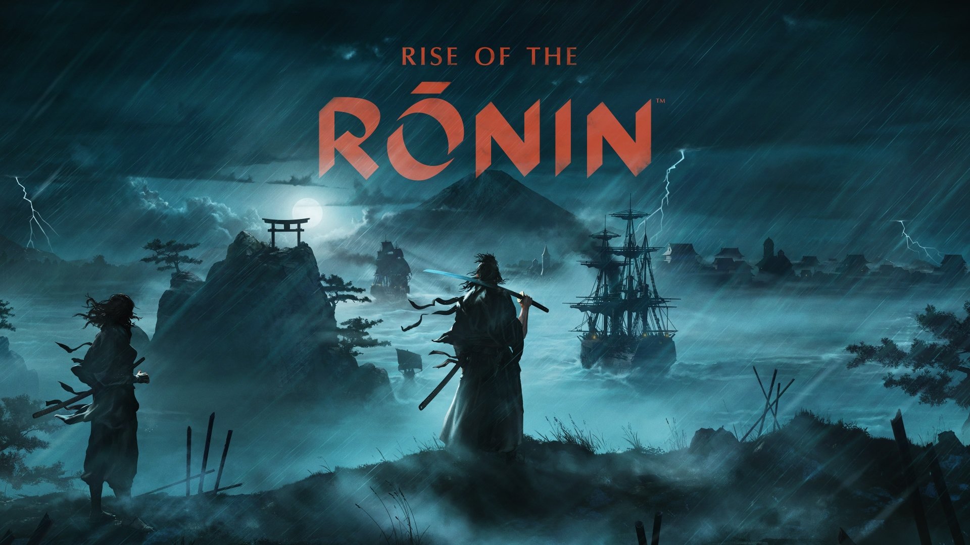 HD wallpaper featuring an atmospheric scene from the video game Rise of the Ronin, with a silhouetted ronin warrior and stormy seascape backdrop.