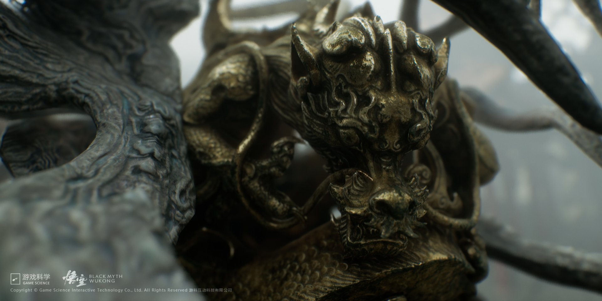 HD wallpaper of Black Myth: Wukong video game featuring a detailed golden dragon statue.