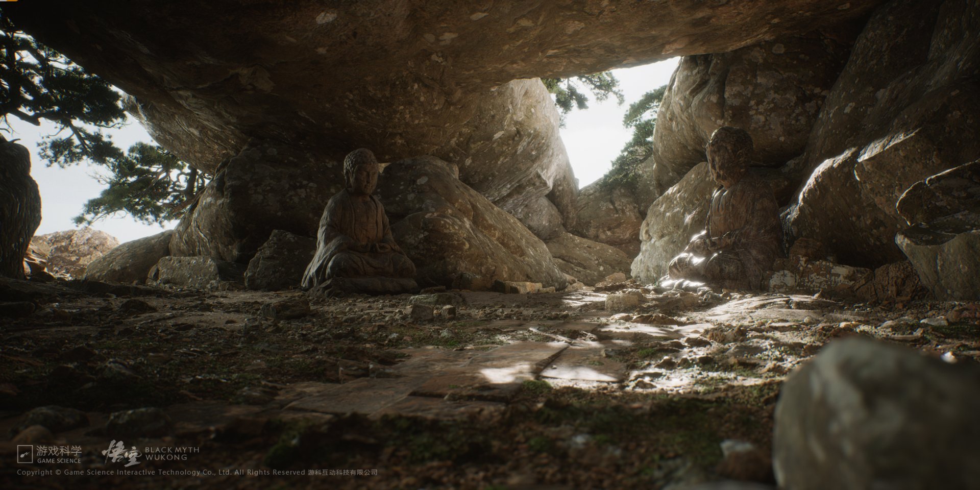 HD desktop wallpaper from the video game Black Myth: Wukong, featuring a mystical landscape with rocky terrain and a figure sitting under an overhang.