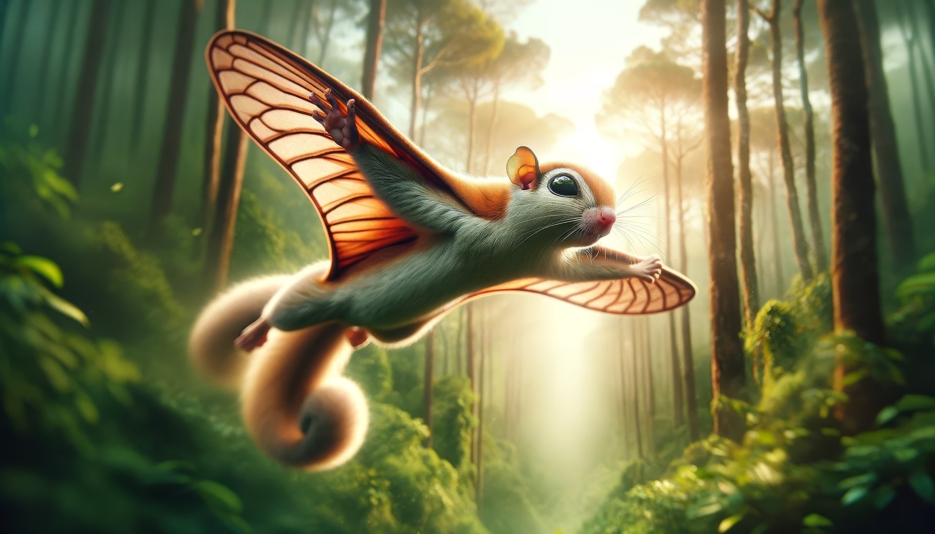 A whimsical flying squirrel glides through a lush forest, showcasing detailed wings and vibrant colors. This enchanting scene serves as a captivating HD desktop wallpaper.