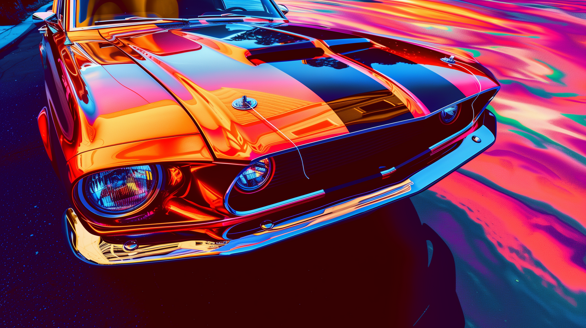 HD desktop wallpaper featuring a vibrant, artistic rendition of a classic Ford Mustang against a colorful abstract background.