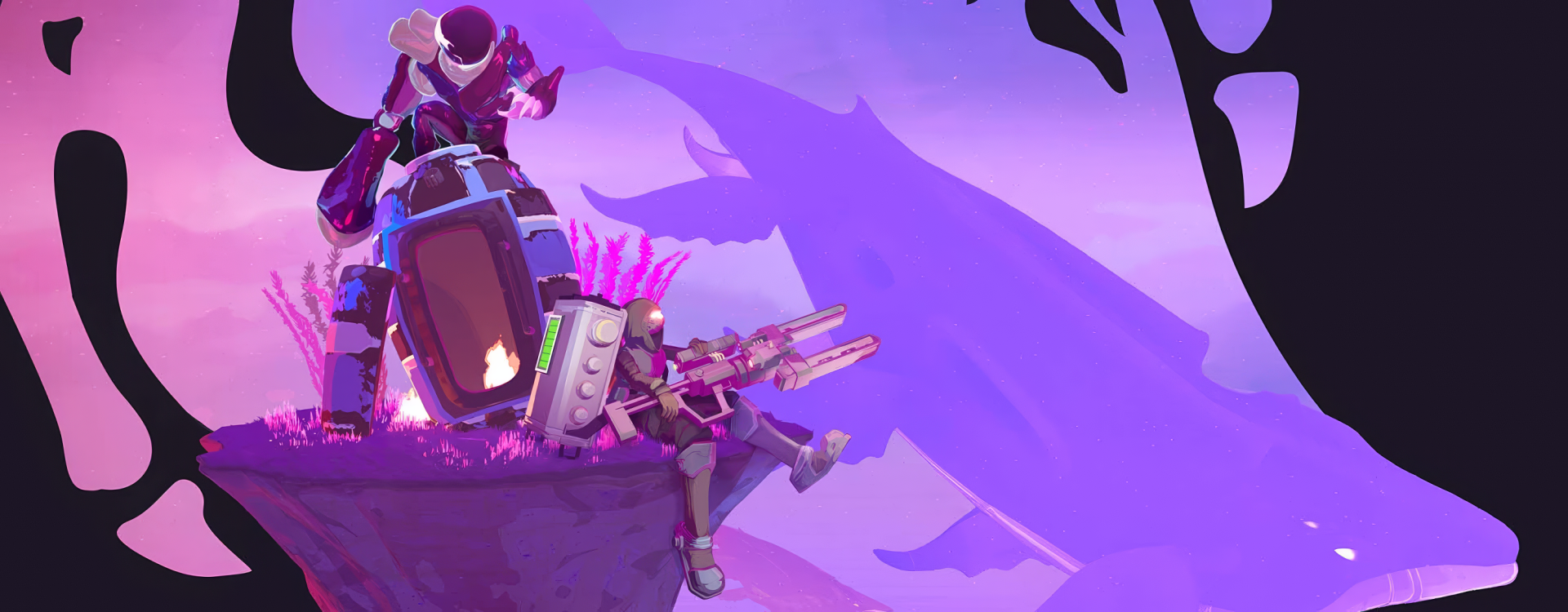 HD desktop wallpaper featuring a Risk of Rain 2 character perched on a ledge with a futuristic landscape in the background.