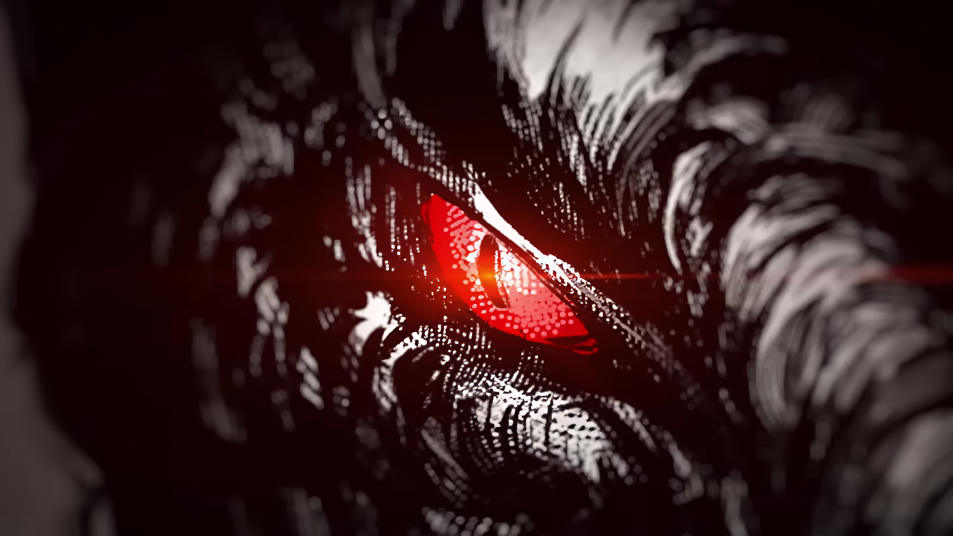 Anime-style monster with a single gleaming red eye, entitled 103 Mercies Dragon Damnation, designed for use as an HD desktop wallpaper.