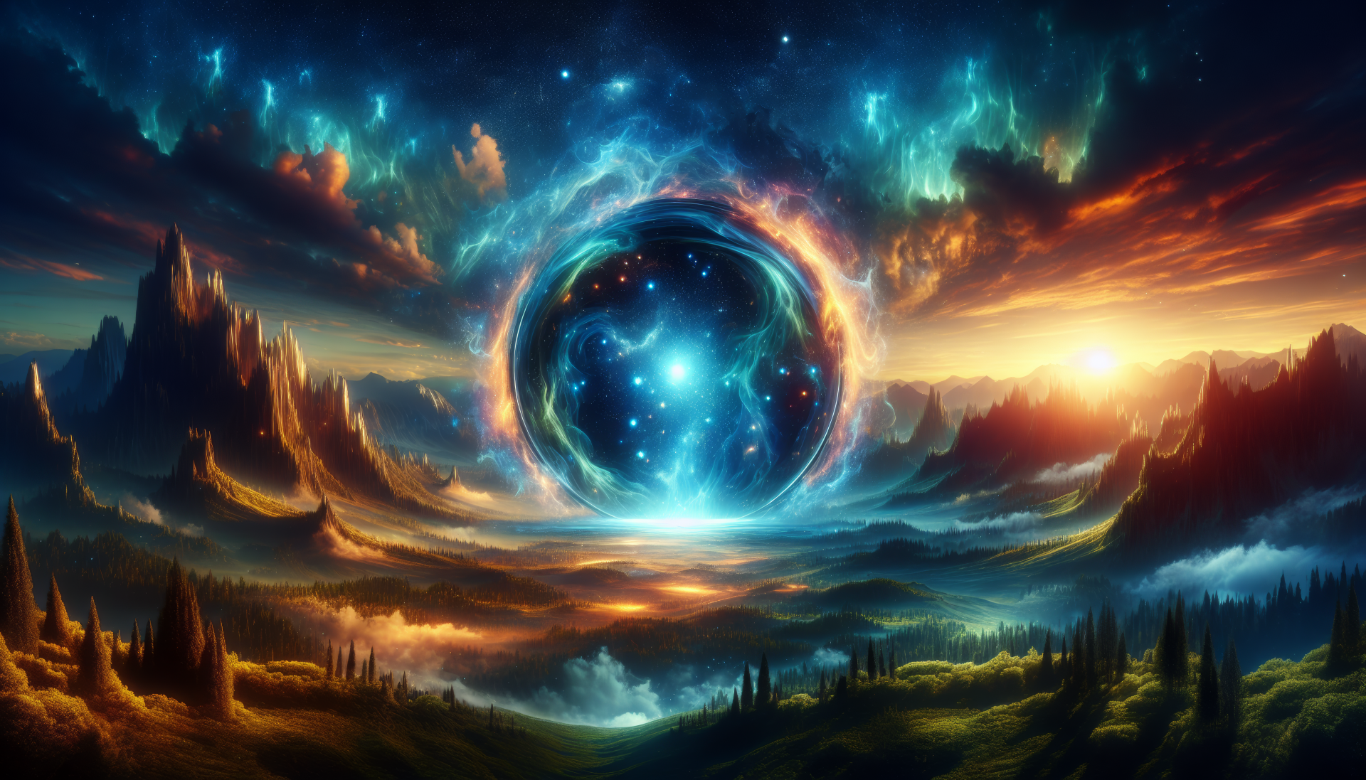 Magical fantasy portal opening in a vibrant HD wallpaper with cosmic energy and starry sky background.