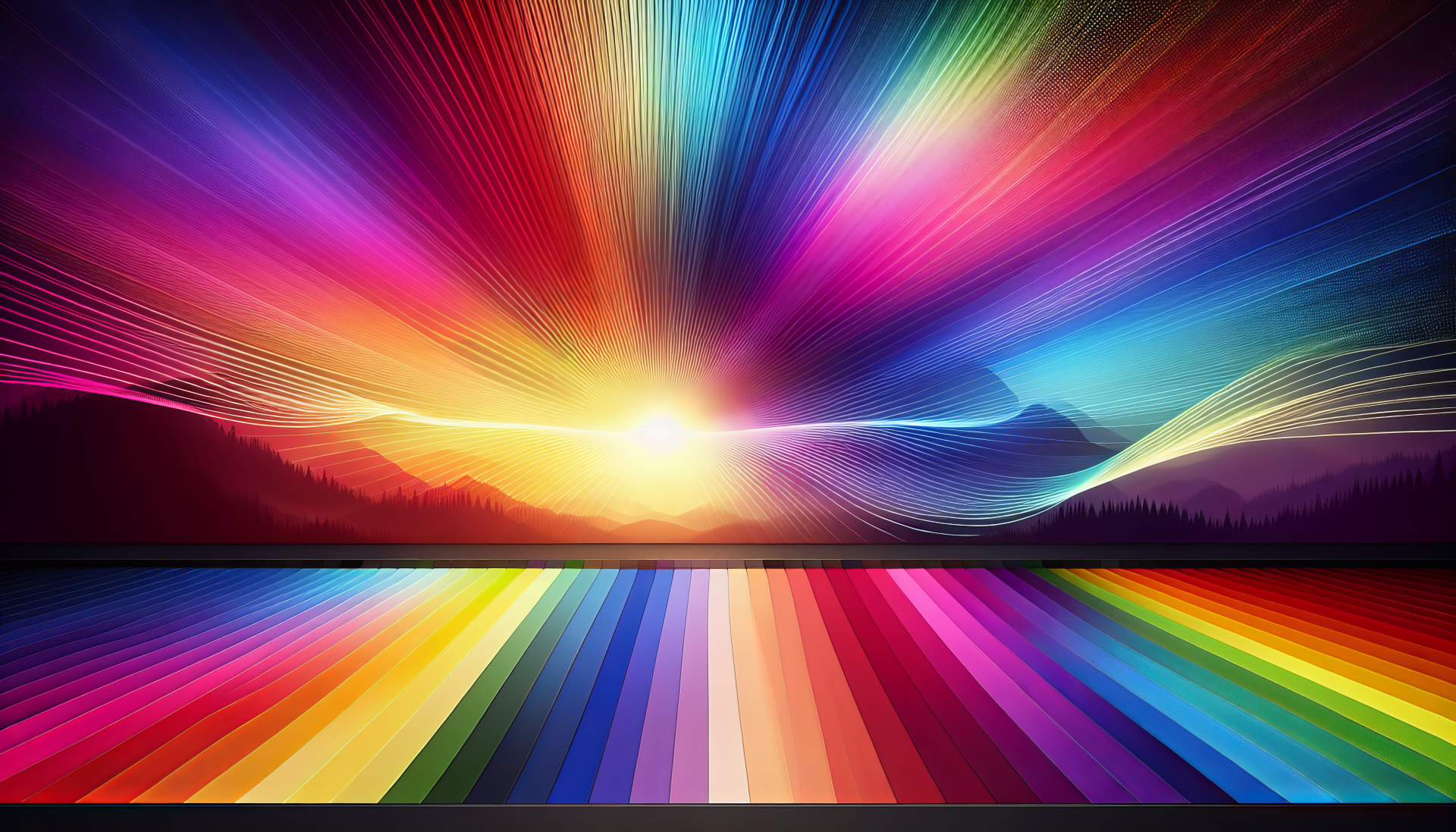 HD desktop wallpaper featuring a vibrant light spectrum over a mountainous landscape.