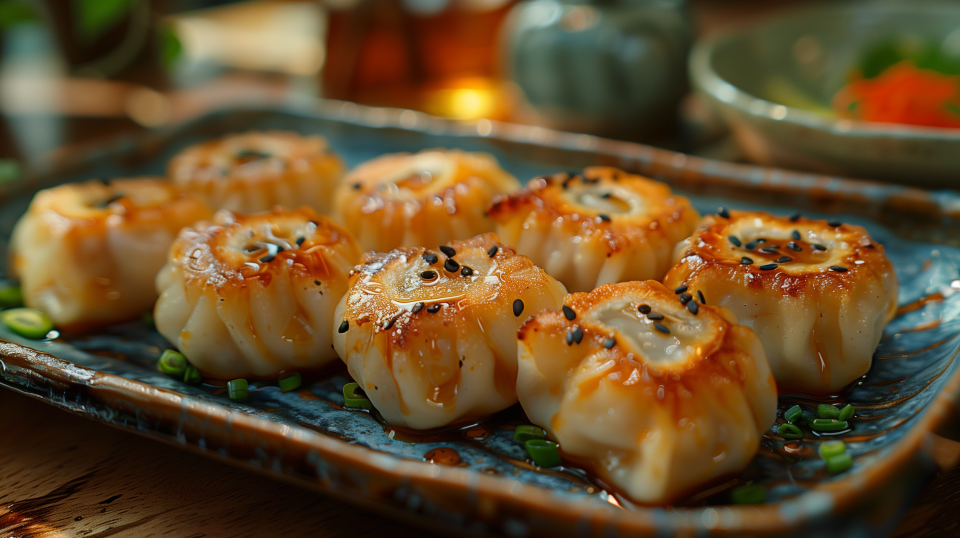 HD desktop wallpaper featuring a close-up of golden-brown dumplings sprinkled with sesame seeds on a blue plate, symbolizing delicious cuisine.