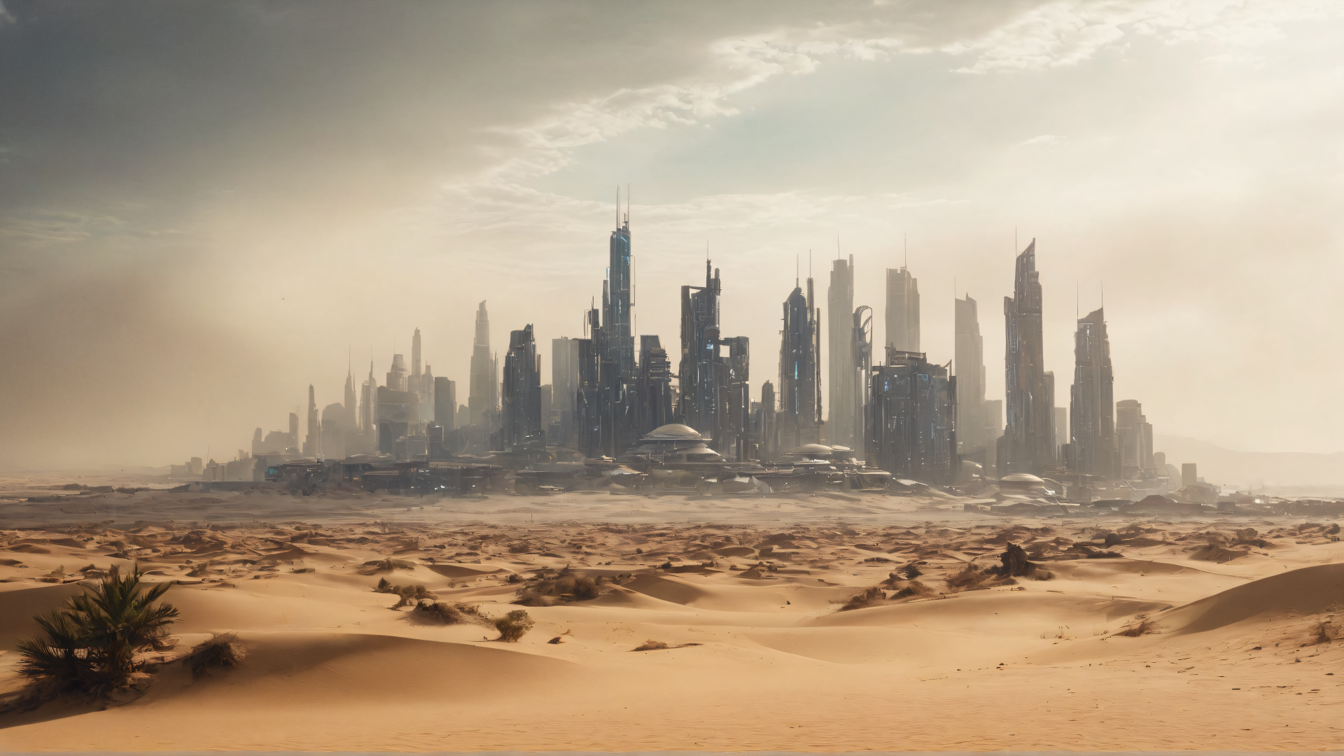 4K Ultra HD sci-fi cyberpunk desert wallpaper: wind-swept dunes stretching to a distant futuristic city skyline under a hazy sky — PC desktop background.
