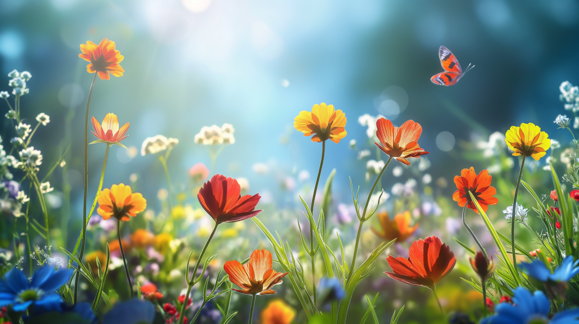 A vibrant spring scene featuring a variety of colorful flowers in bloom, illuminated by soft sunlight, with a butterfly fluttering through the garden. An uplifting HD desktop wallpaper.
