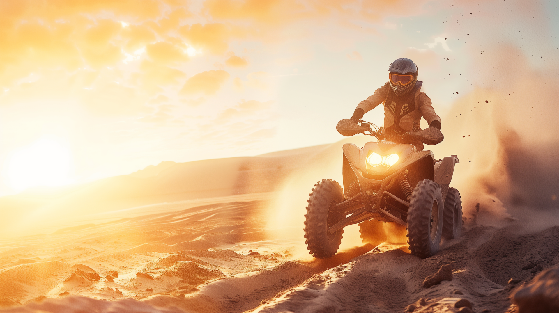 Rider on a quad bike racing through the desert at sunset, HD wallpaper and background.