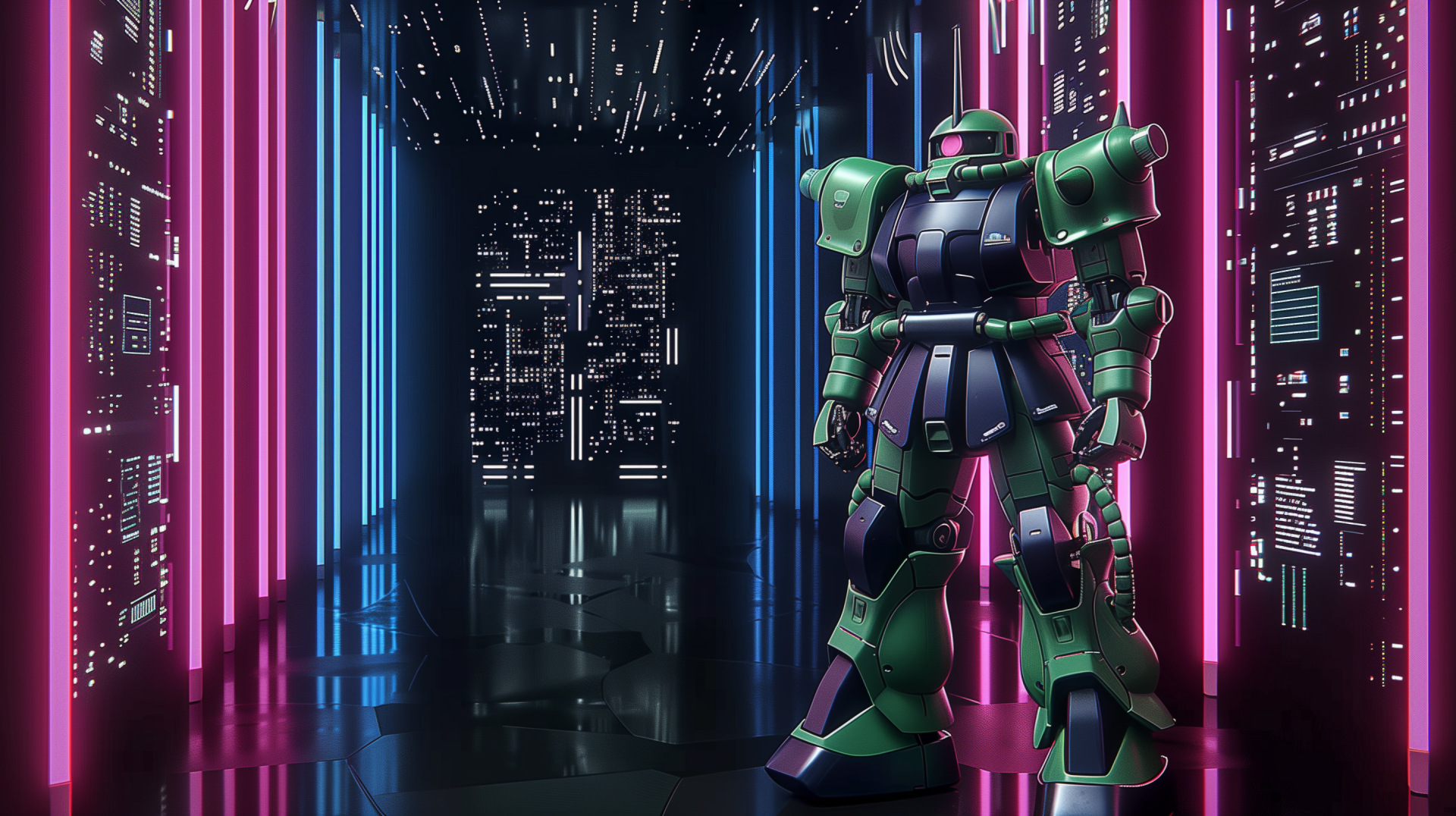 HD wallpaper featuring MS-06 Zaku II from Gundam, standing in a futuristic corridor with neon lights.