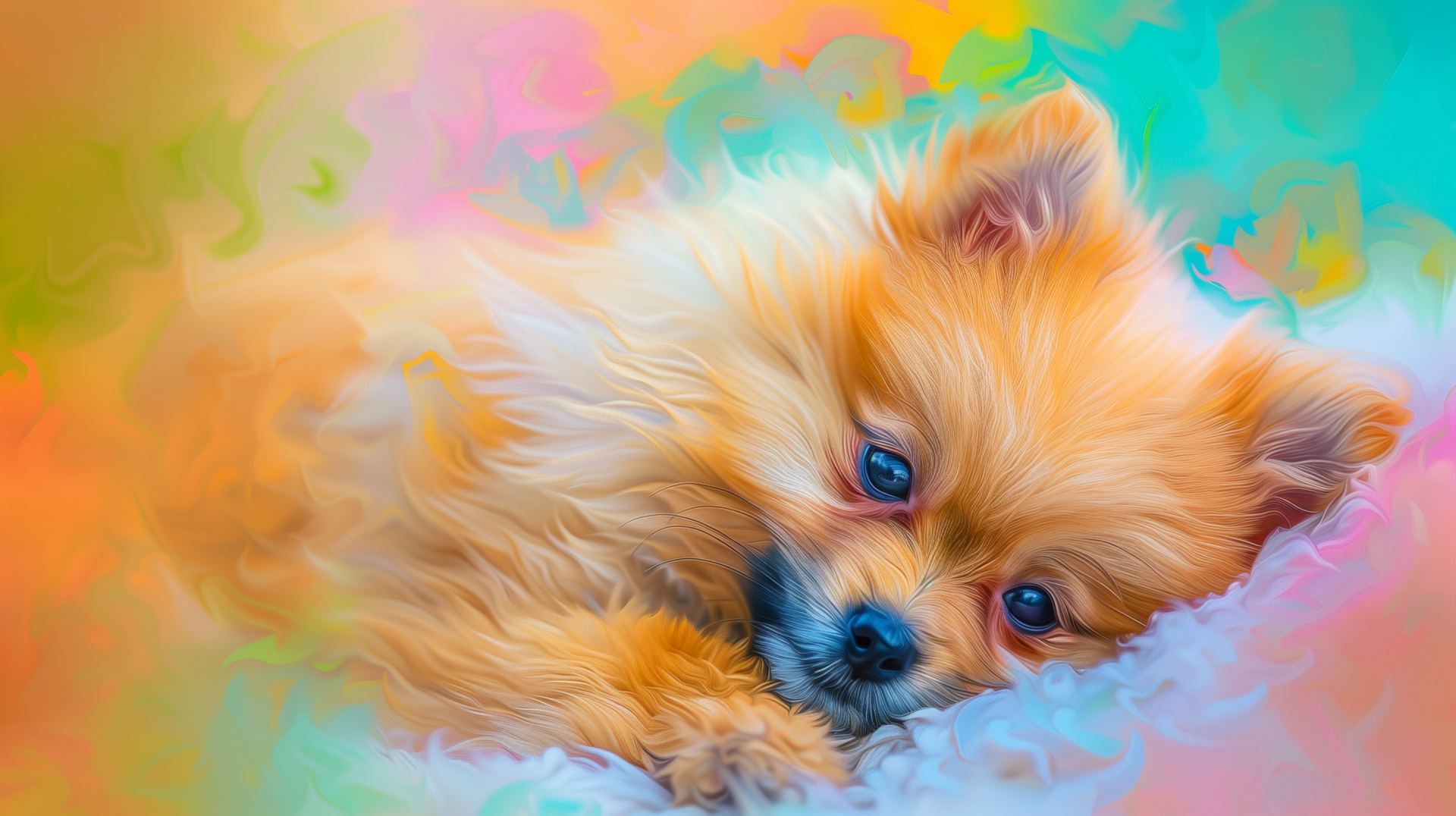 A charming Pomeranian relaxes against a dreamy, colorful background. This HD desktop wallpaper captures the dog's playful spirit and warmth beautifully.