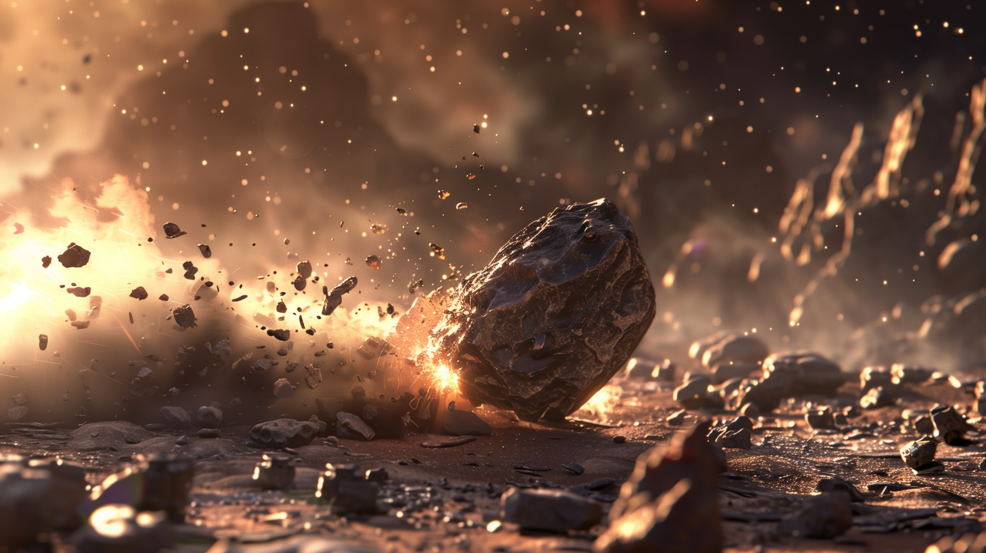 A stunning HD desktop wallpaper depicting a meteorite impacting a rocky surface, surrounded by dust and debris, capturing the explosive energy of the moment.