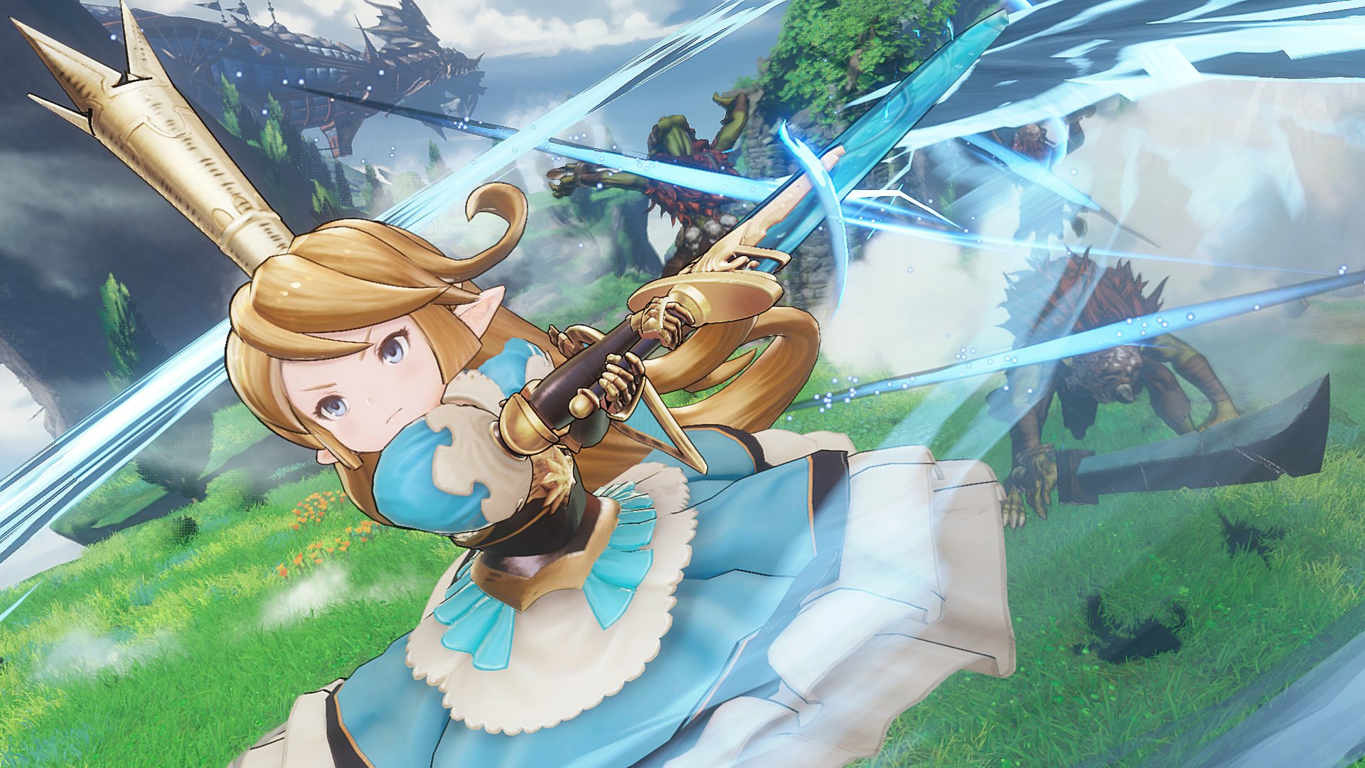 A vibrant HD desktop wallpaper from Granblue Fantasy: Relink, featuring a character wielding a sword, with dynamic action set against a lush fantasy background.