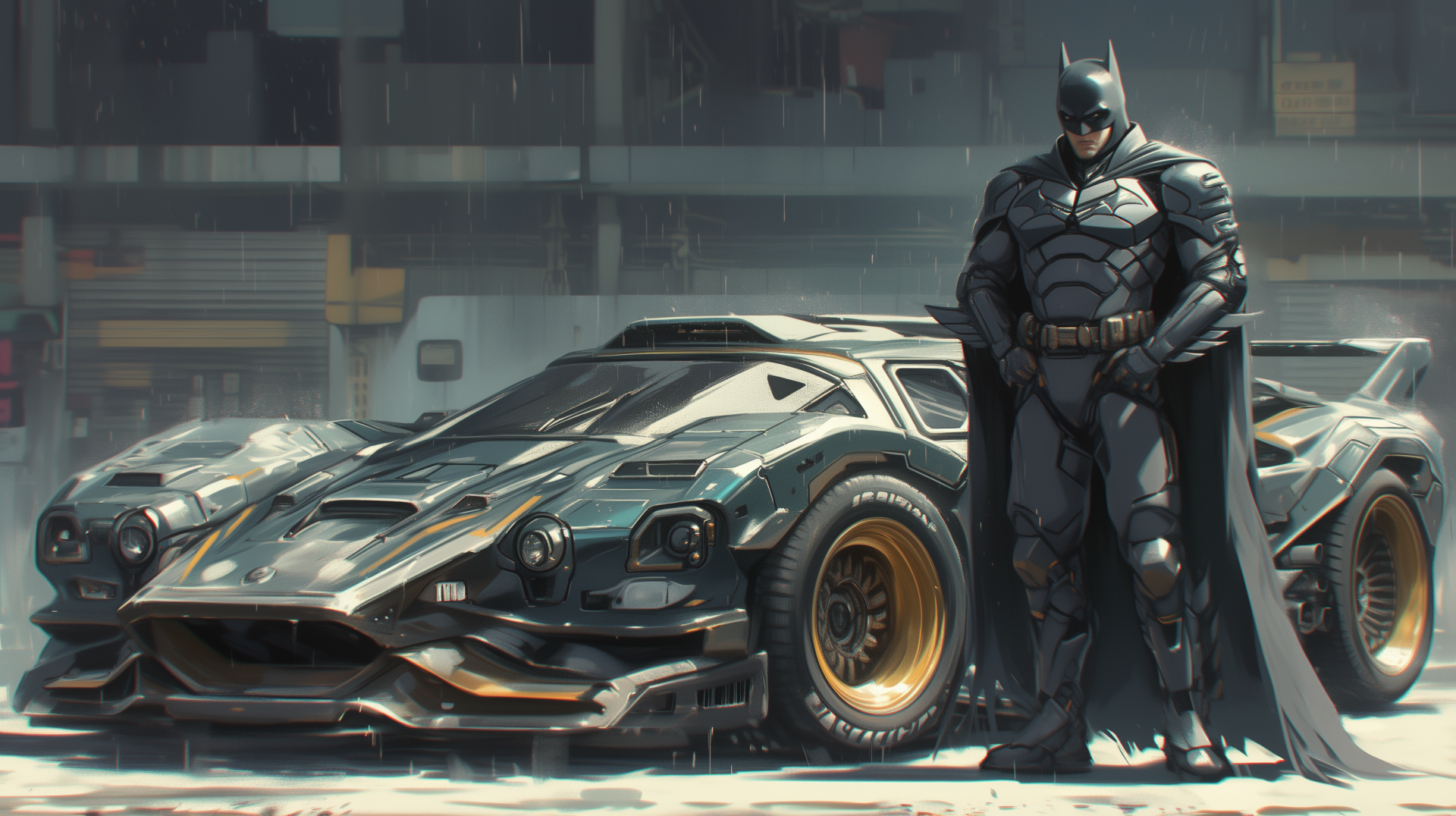 A sleek, modern Batmobile parked in an urban setting, with Batman standing confidently beside it, featured as a high-definition desktop wallpaper.