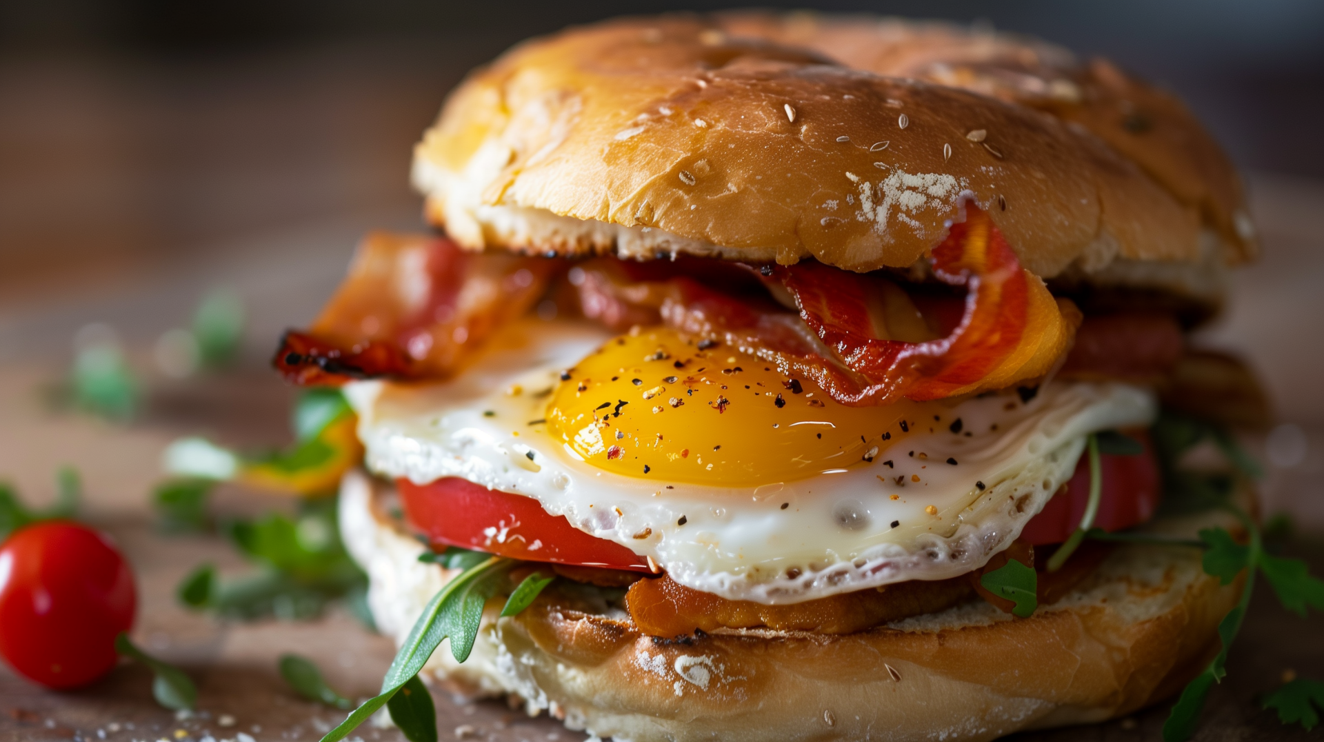 HD wallpaper of a delicious breakfast sandwich with bacon, egg, and tomato on a sesame bun.