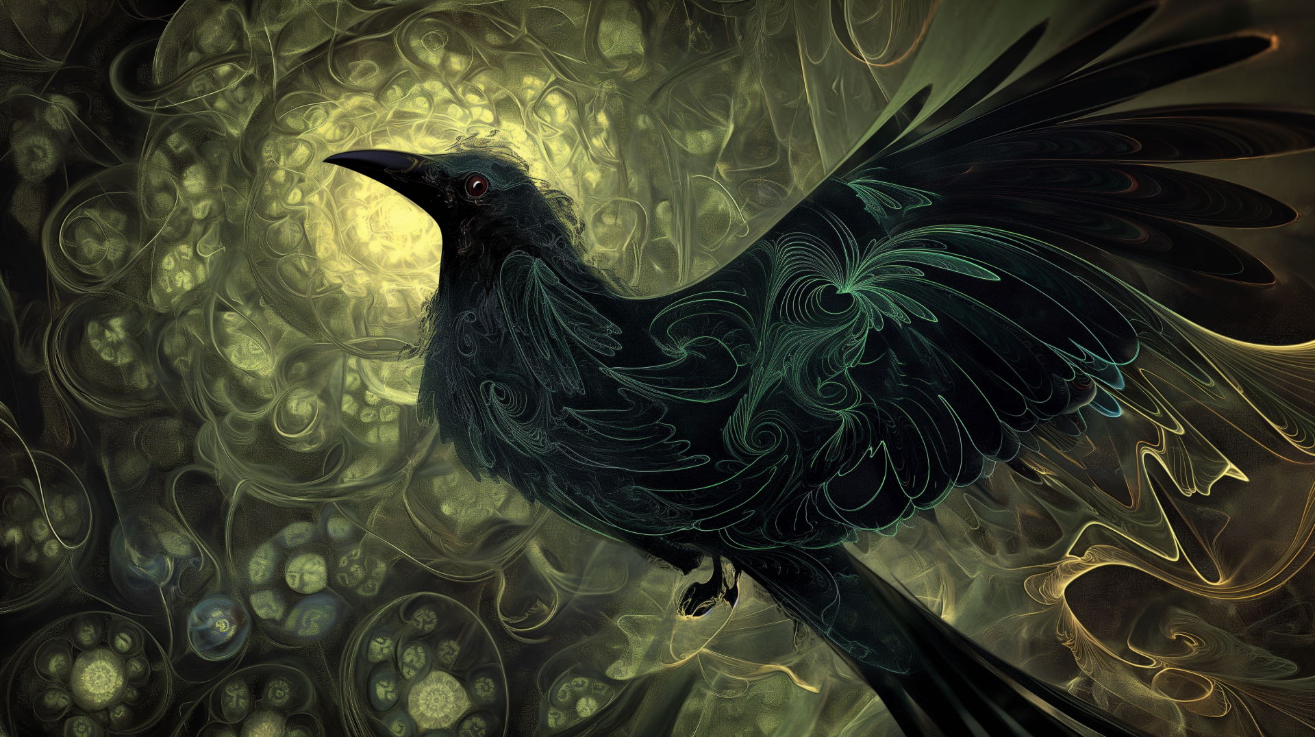 HD Wallpaper of a Black Bird with Intricate Patterns on an Abstract Golden Background