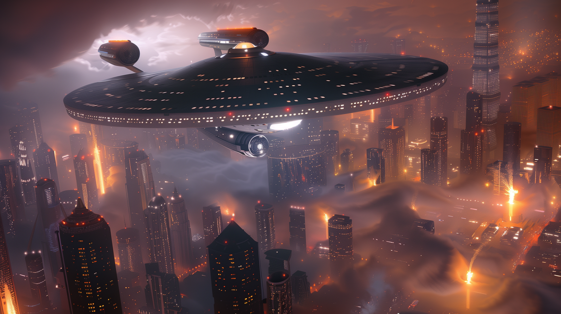 HD desktop wallpaper featuring the USS Enterprise soaring above a futuristic cityscape shrouded in clouds.