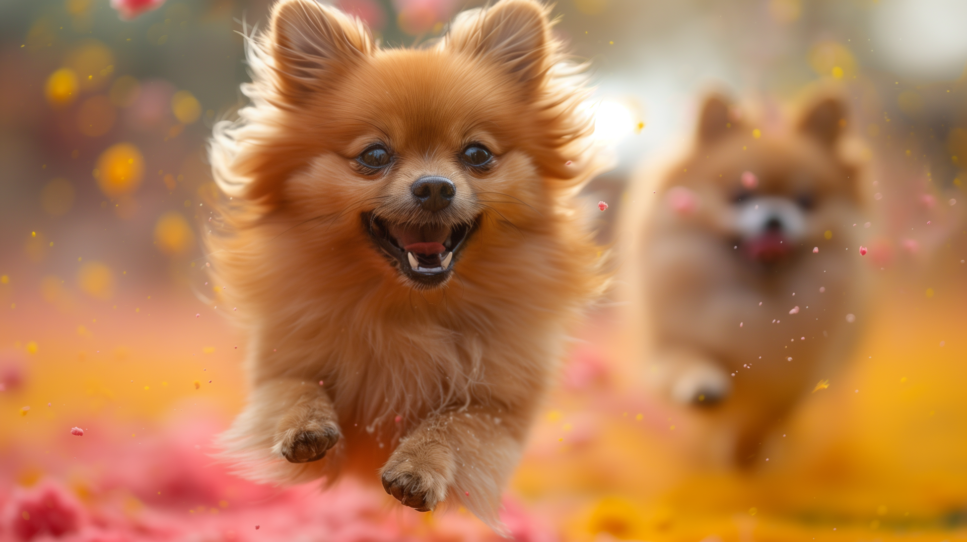 HD desktop wallpaper featuring a joyful Pomeranian dog in mid-leap, with a soft focus on a second Pomeranian in the background amid a dreamy, flower-filled setting.